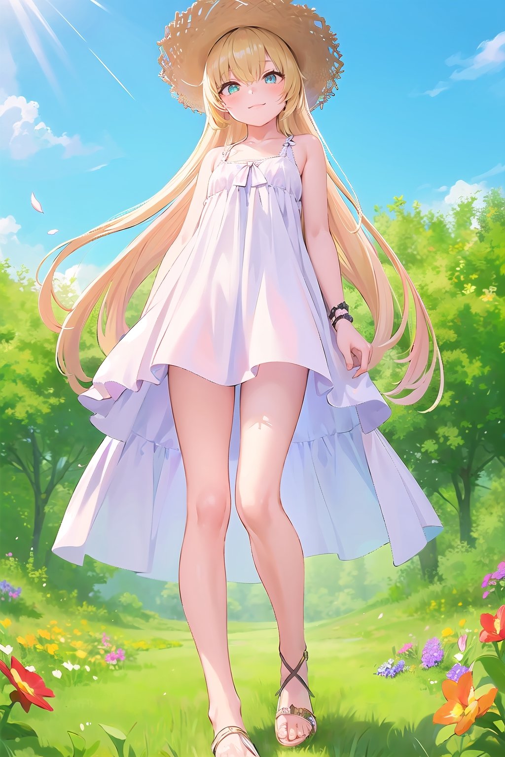 (masterpiece:1.4), (best quality:1.4), illustration, finely detailed, best detailed, clear picture, intricate details, portrait of a full body, light smile, blush, detailed background, 1girl, blonde_hair, ((golden hair)), (long_hair), cyan eyes, light cerulean eyes, looking_at_viewer, (((Criin Style))), legs, zettai_ryouiki, outdoor, ((sundress, mini dress, white dress, straw hat, white sandals, flat sandals, barefeet, middle breast)), scenery, ((day time, daytime, natural light, sunlight, sky, flower gardens, forest, in the field of flowers, from below)), wide_shot, wide shot, 