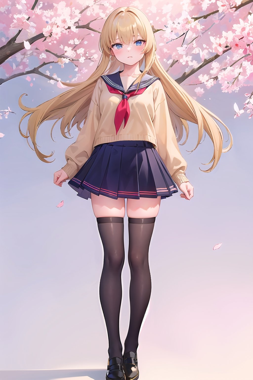 (masterpiece:1.4), (best quality:1.4), illustration, finely detailed, best detailed, clear picture, intricate details, portrait of a full body, expressionless, blush, detailed background, 1girl, blonde_hair, ((golden hair)), (long_hair), sky blue eyes, looking_at_viewer, natural light, (((Criin Style))), legs, black thighhighs, standing, school_uniform, seifuku, school_girl, black leather shoes, zettai_ryouiki, mini_skirt, (light yellow sweater), school, sakura, falling cherry blossoms, 