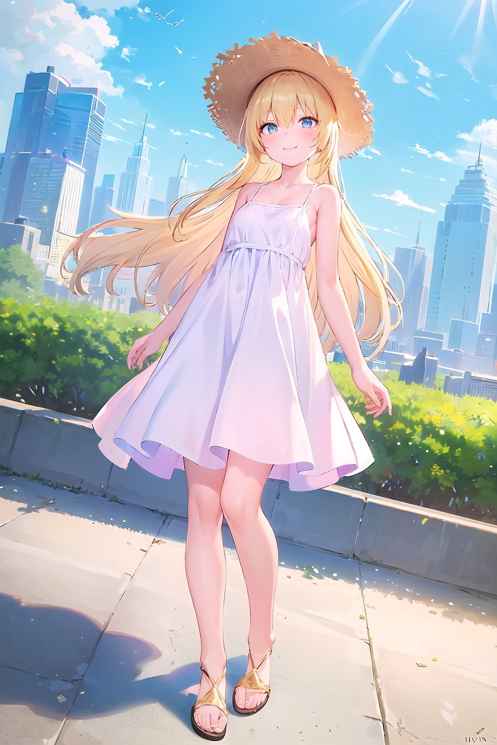 (masterpiece:1.4), (best quality:1.4), illustration, finely detailed, best detailed, clear picture, intricate details, portrait of a full body, light smile, blush, detailed background, 1girl, blonde_hair, ((golden hair)), (long_hair), cyan eyes, light cerulean eyes, looking_at_viewer, (((Criin Style))), legs, zettai_ryouiki, outdoor, ((sundress, mini dress, white dress, straw hat, white sandals, flat sandals, barefeet, middle breast)), scenery, ((day time, daytime, natural light, sunlight, sky, in the park, city, buildings, dutch angle)), wide_shot, wide shot, 