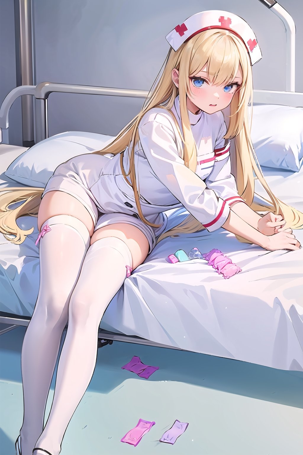 (masterpiece:1.4), (best quality:1.4), illustration, finely detailed, best detailed, clear picture, intricate details, portrait of a full body, expressionless, blush, detailed background, 1girl, blonde_hair, ((golden hair)), (long_hair), sky blue eyes, looking_at_viewer, natural light, (((Criin Style))), legs, ((white thighhighs, white high heels)), sitting, zettai_ryouiki, mini_skirt, (((hospital, ward, nurse, nurse_outfit, nurse_uniform, pure white nurse, pure white nurse outfit, pure white nurse uniform, white nurse outfit, white nurse uniform, cum on thigh, condoms on bed))), side_view, sideview, cum, semen, after fellatio
