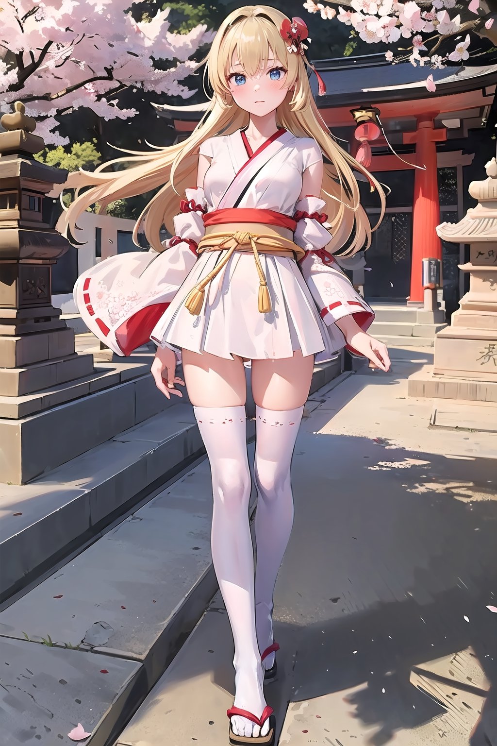 (masterpiece:1.4), (best quality:1.4), illustration, finely detailed, best detailed, clear picture, intricate details, portrait of a full body, expressionless, blush, detailed background, 1girl, blonde_hair, ((golden hair)), (long_hair), sky blue eyes, looking_at_viewer, natural light, (((Criin Style))), legs, white thighhighs, standing, zettai_ryouiki, mini_skirt, (sakura, falling cherry blossoms), hakama short skirt, ((shrine maiden)),  japanese clothes,  detache, bottomless, ((torii, jinzya, tree, scenery, stone lantern, outdoors, stairs, shrine, day, road, pavement, statue)), 