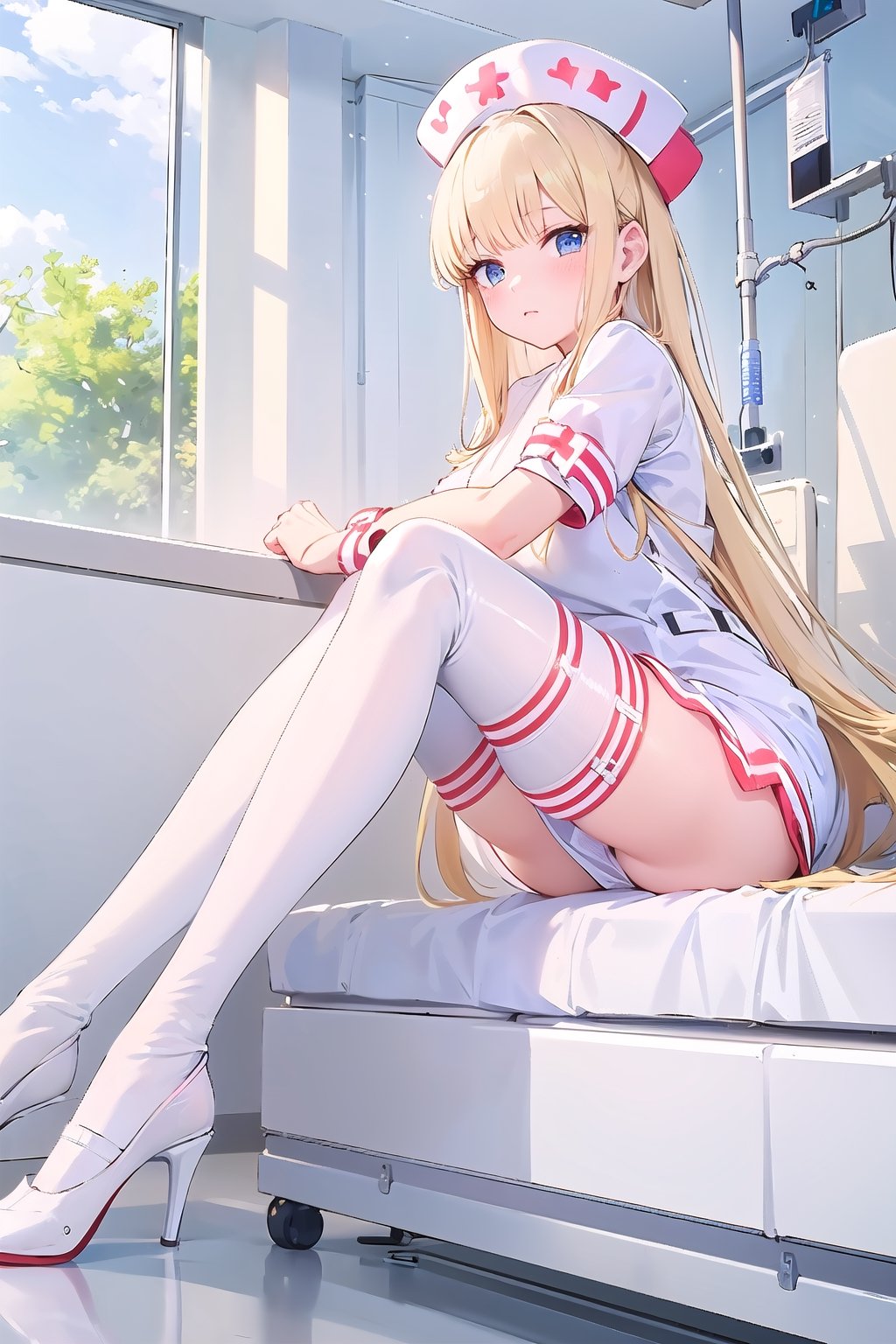 (masterpiece:1.4), (best quality:1.4), illustration, finely detailed, best detailed, clear picture, intricate details, portrait of a full body, expressionless, blush, detailed background, 1girl, blonde_hair, ((golden hair)), (long_hair), sky blue eyes, looking_at_viewer, natural light, (((Criin Style))), legs, ((white thighhighs, white high heels)), sitting, zettai_ryouiki, mini_skirt, (((hospital, ward, nurse, nurse_outfit, nurse_uniform, pure white nurse, pure white nurse outfit, pure white nurse uniform, white nurse outfit, white nurse uniform))), side_view, sideview