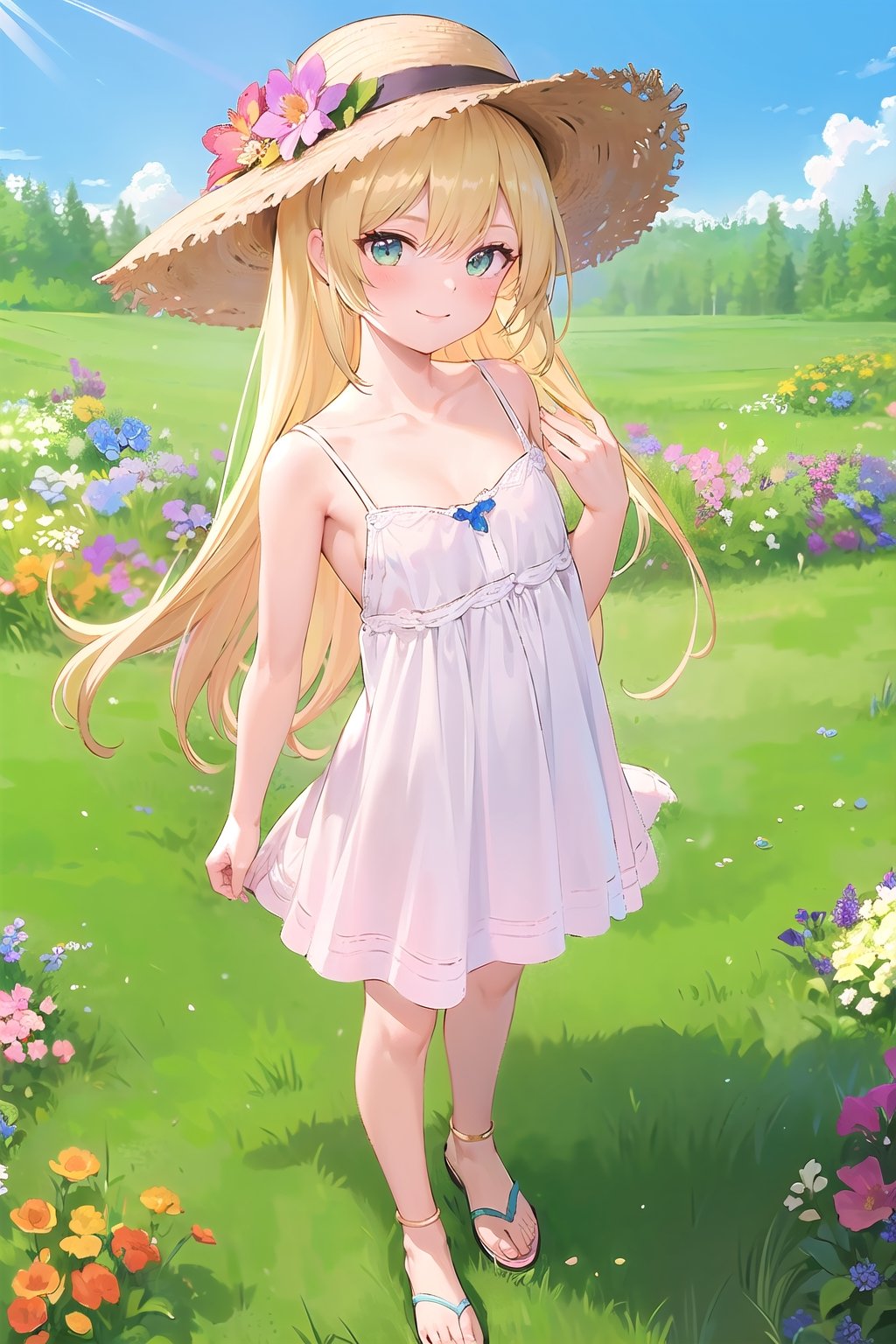 (masterpiece:1.4), (best quality:1.4), illustration, finely detailed, best detailed, clear picture, intricate details, portrait of a full body, light smile, blush, detailed background, 1girl, blonde_hair, ((golden hair)), (long_hair), cyan eyes, light cerulean eyes, looking_at_viewer, (((Criin Style))), legs, zettai_ryouiki, outdoor, ((sundress, mini dress, white dress, straw hat, white sandals, flat sandals, barefeet, middle breast)), scenery, ((day time, daytime, natural light, sunlight, sky, flower gardens, forest, in the field of flowers, from above)), wide_shot, wide shot, 