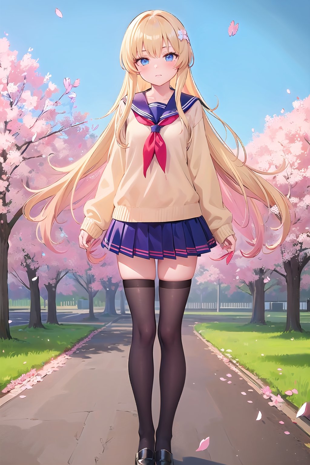 (masterpiece:1.4), (best quality:1.4), illustration, finely detailed, best detailed, clear picture, intricate details, portrait of a full body, expressionless, blush, detailed background, 1girl, blonde_hair, ((golden hair)), (long_hair), sky blue eyes, looking_at_viewer, natural light, (((Criin Style))), legs, black thighhighs, standing, school_uniform, seifuku, school_girl, black leather shoes, zettai_ryouiki, mini_skirt, (light yellow sweater), (school, sakura, falling cherry blossoms), 