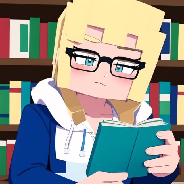 upper body, filo, 1girl, solo, closed mouth, glasses, books, library background, blonde hair, upper body, shiny, hooded, bangs, looking at viewer, mcnsfw, master piece, beutiful,ReapsitaBuster