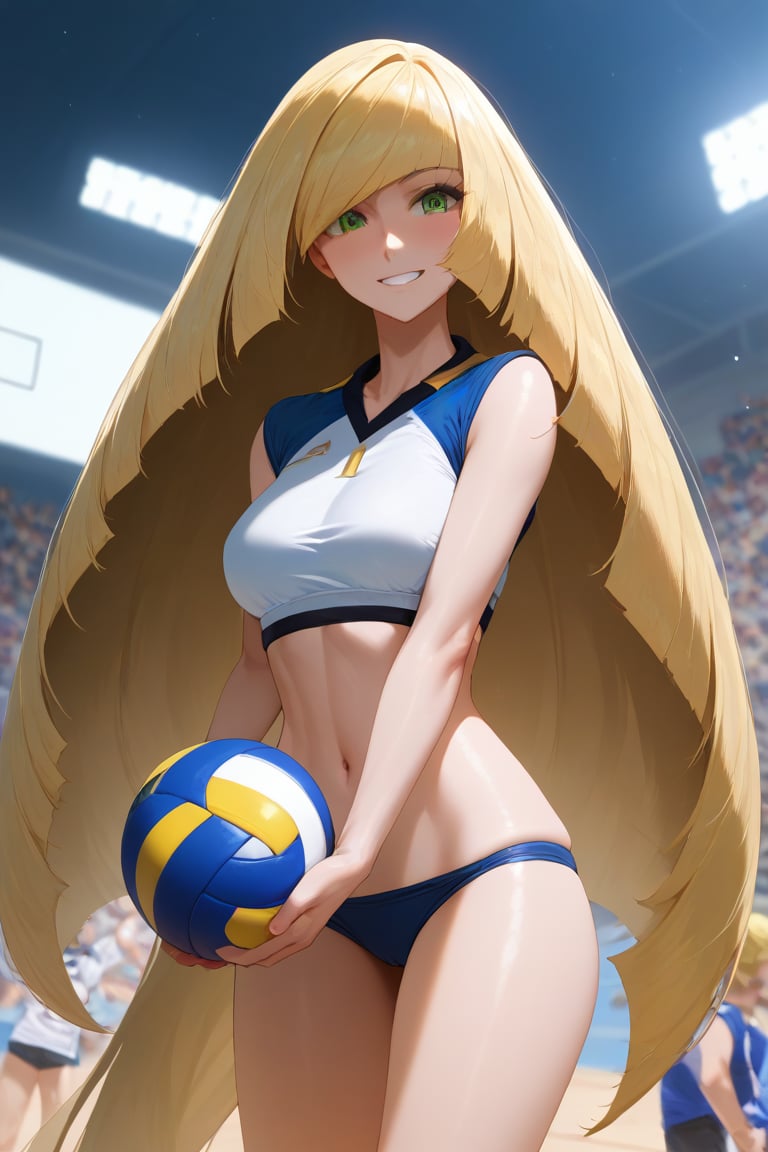 score_9, score_8_up, score_8,newest,
BREAK,1girl,lsmndef, green eyes, blonde hair, very long hair, bangs, hair over one eye,smile,volleyball uniform,grabbing ball,volleyball court,Olympics,crowded,attractive image