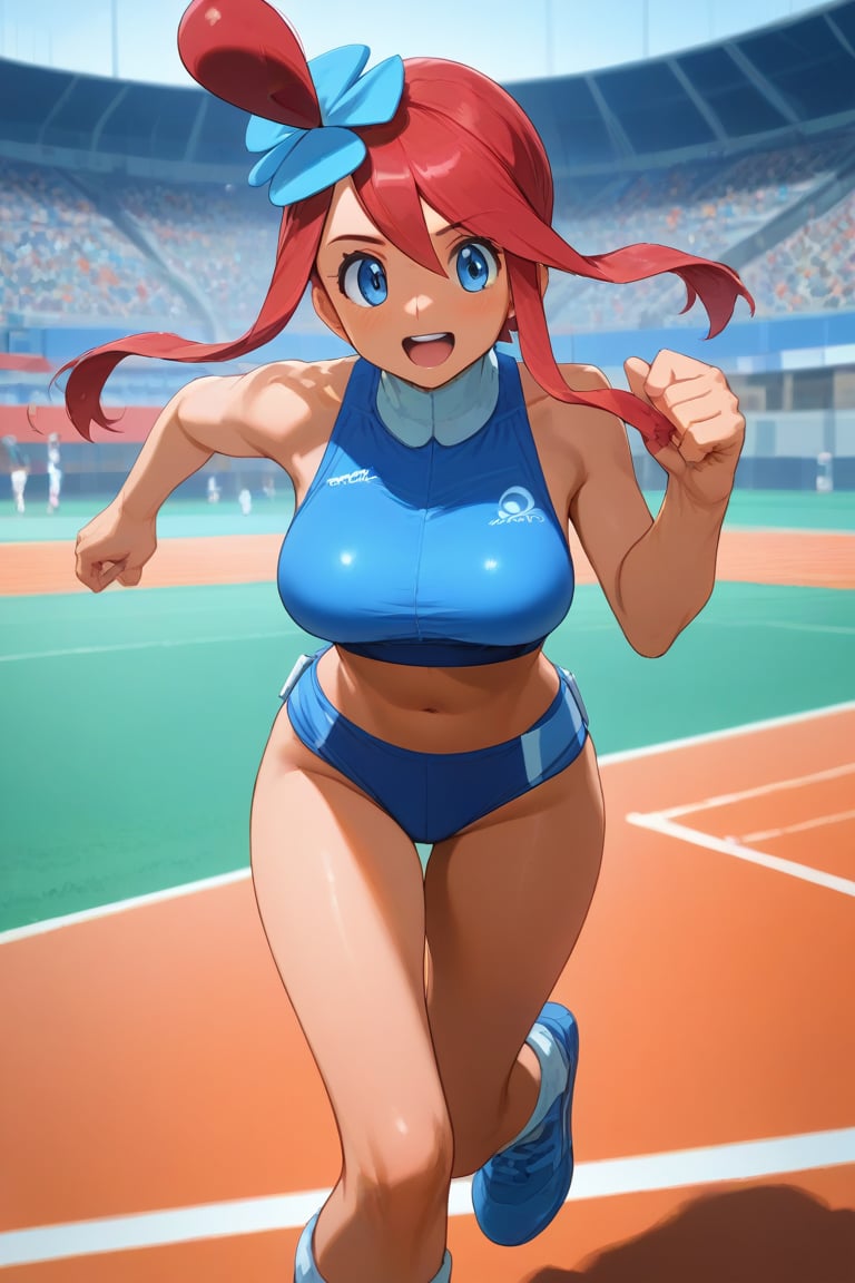 score_9, score_8_up, score_8,newest,BREAK,1girl,solo,,SKYLA_(POKEMON),buruma,track uniform,looking at viewer,perfect hands,running,running on an athletic track,Olympics,crowded, attractive image