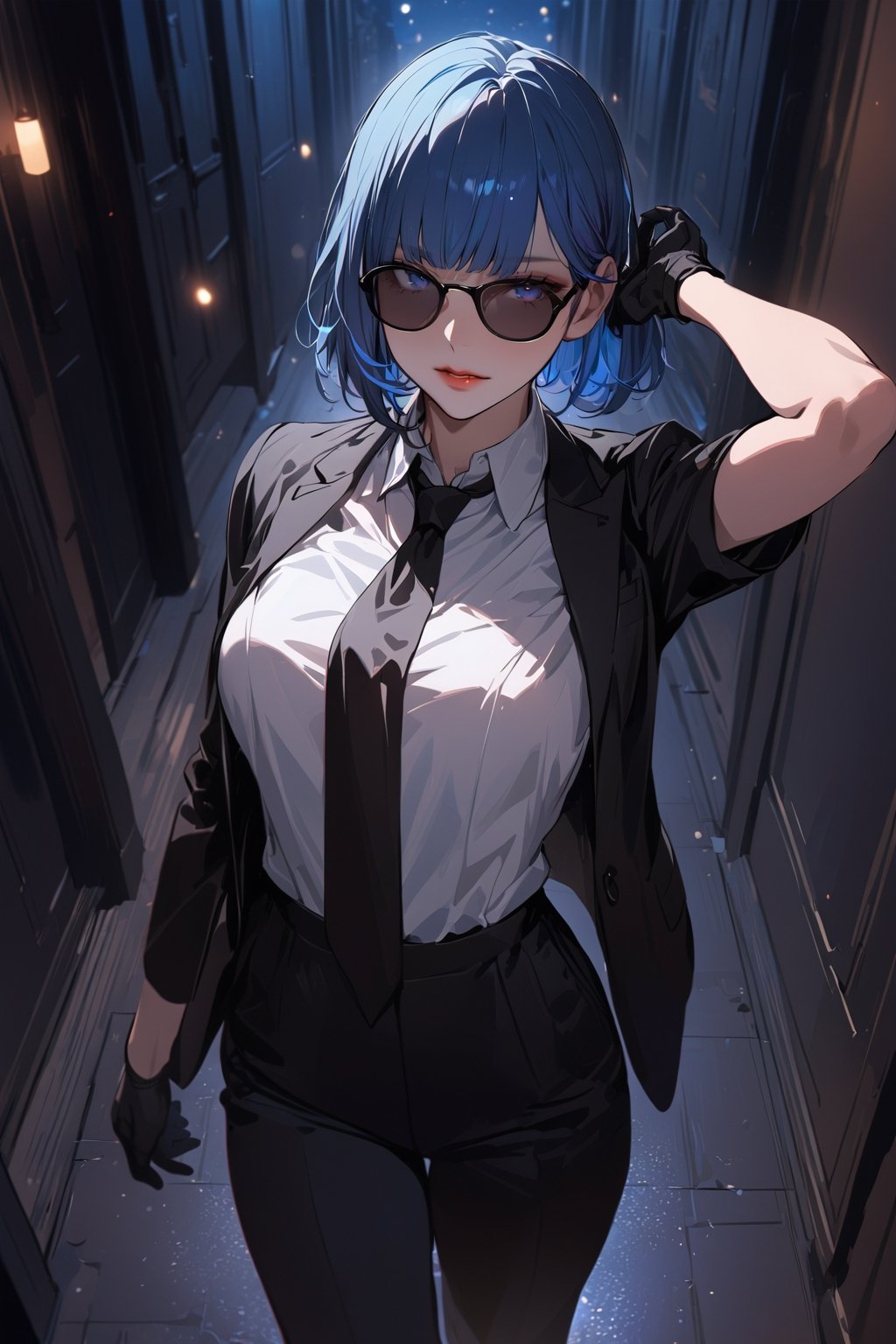 ((masterpiece, best quality, highres:1.2)), perfect face, looking at viewer, niji6, more detail XL, 1girl, solo, looking at viewer, blue hair, bob haircut, bangs, blue eyes, ((black sunglasses:1.1)), (black_glove), white shirt, collared_shirt, black necktie, black pants, black jacket, female agent, one arm up, indoors, ((dark hallway)), walking, [red lips], cold expression, extremely detailed illustration, 8k, high aesthetic, bokeh, windows, night, dropped shadow,eternum style