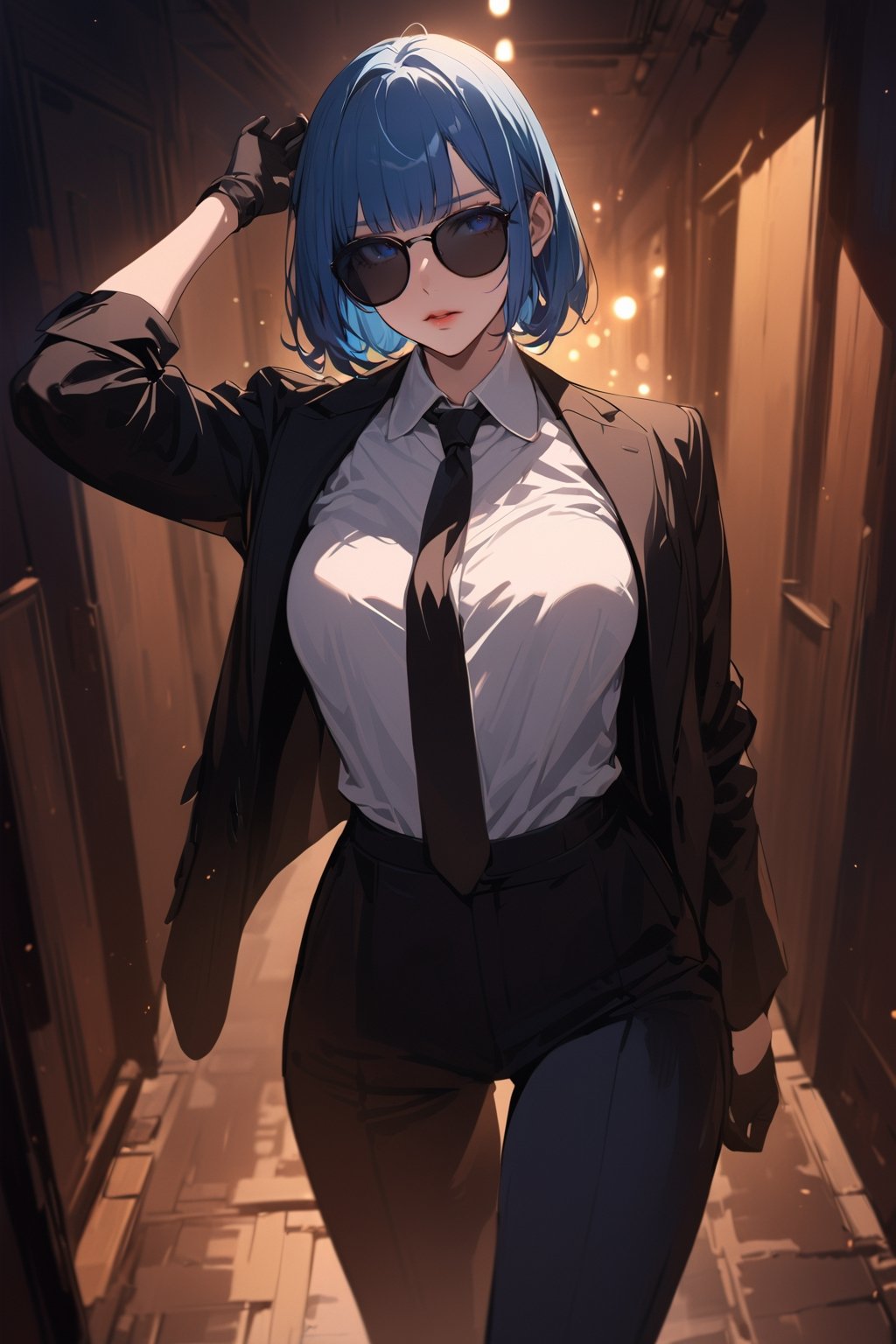 ((masterpiece, best quality, highres:1.2)), perfect face, looking at viewer, niji6, more detail XL, 1girl, solo, looking at viewer, blue hair, bob haircut, bangs, blue eyes, ((black sunglasses:1.1)), (black_glove), white shirt, collared_shirt, black necktie, black pants, black jacket, female agent, one arm up, indoors, dark hallway, walking, [red lips], cold expression, extremely detailed illustration, 8k, high aesthetic, bokeh, windows, night, dropped shadow,eternum style