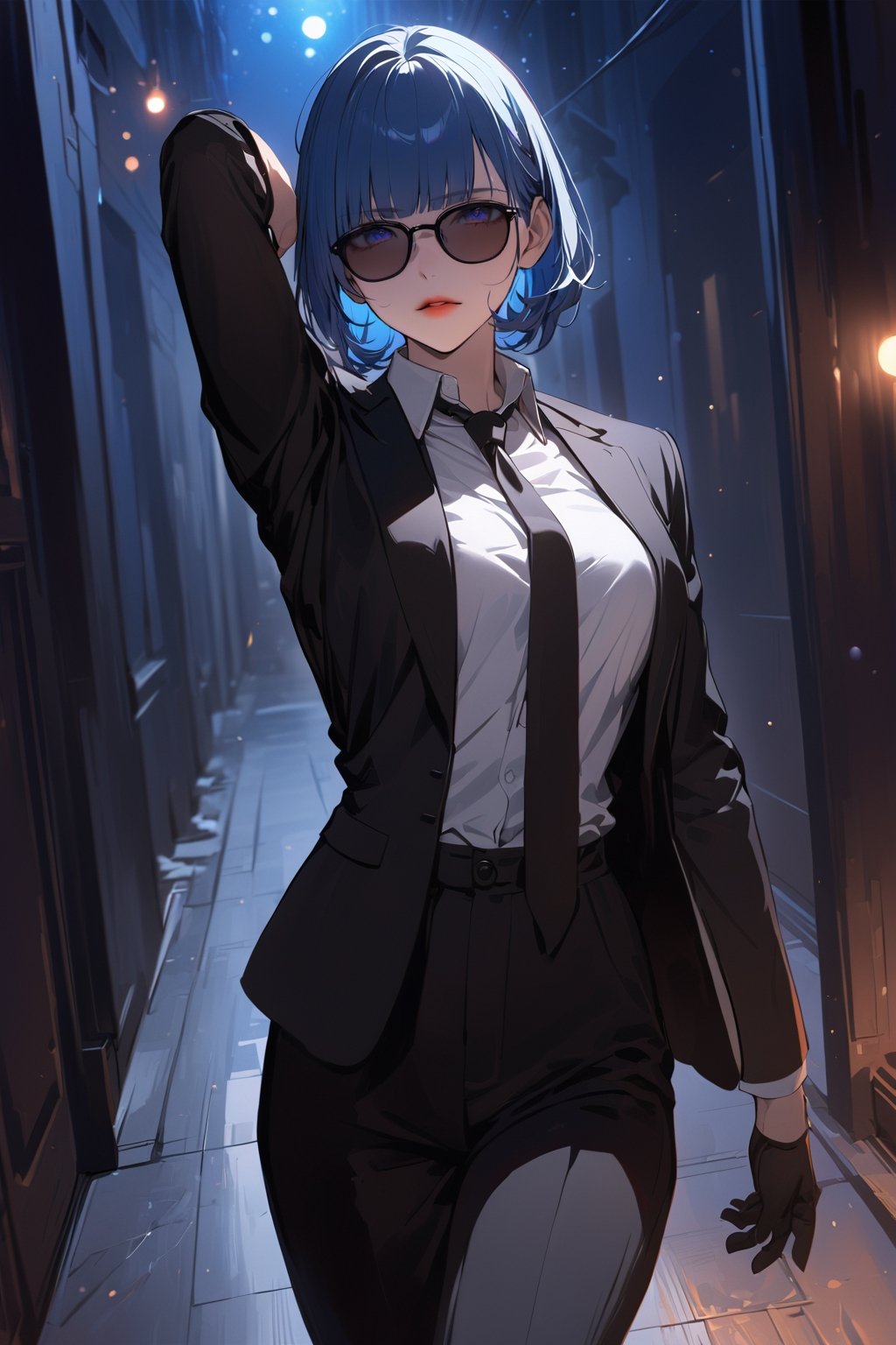 ((masterpiece, best quality, highres:1.2)), perfect face, looking at viewer, niji6, more detail XL, 1girl, solo, looking at viewer, blue hair, bob haircut, bangs, blue eyes, ((black sunglasses:1.1)), (black_glove), white shirt, collared_shirt, black necktie, black pants, black jacket, female agent, one arm up, indoors, dark hallway, walking, [red lips], cold expression, extremely detailed illustration, 8k, high aesthetic, bokeh, windows, night, dropped shadow,eternum style