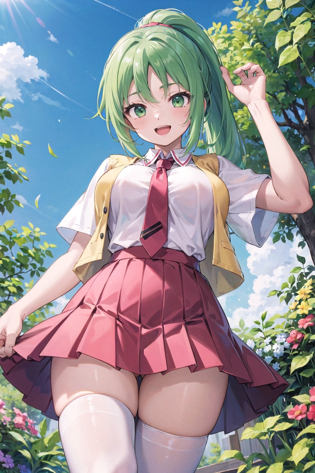 ((masterpiece)),(best quality),official art,extremely detailed CG,unity 8k wallpaper,ultra detailed,beautiful detailed eyes,extremely detailed face,1girl,looking at viewer,facing viewer,:d,sonozaki mion,long hair,green hair,high ponytail,parted bangs,green eyes,open mouth,yellow vest,cropped vest,open clothes,collared shirt,red necktie,white shirt,short sleeves,large breasts,tight,red skirt,long skirt,white socks,loafers,lora:Sonozaki Mion(hnnk),garden,(from below:1.2)