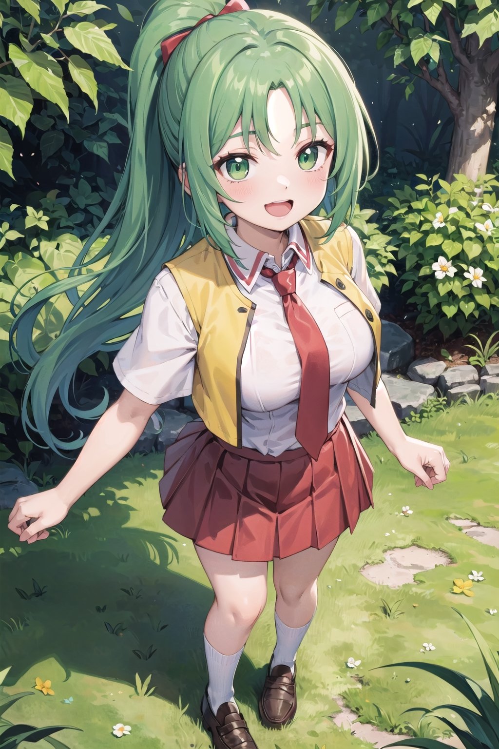 ((masterpiece)),(best quality),official art,extremely detailed CG,unity 8k wallpaper,ultra detailed,beautiful detailed eyes,extremely detailed face,1girl,looking at viewer,facing viewer,:d,sonozaki mion,long hair,green hair,high ponytail,parted bangs,green eyes,open mouth,yellow vest,cropped vest,open clothes,collared shirt,red necktie,white shirt,short sleeves,large breasts,tight,red skirt,long skirt,white socks,loafers,lora:Sonozaki Mion(hnnk),garden,,(from above:1.1)