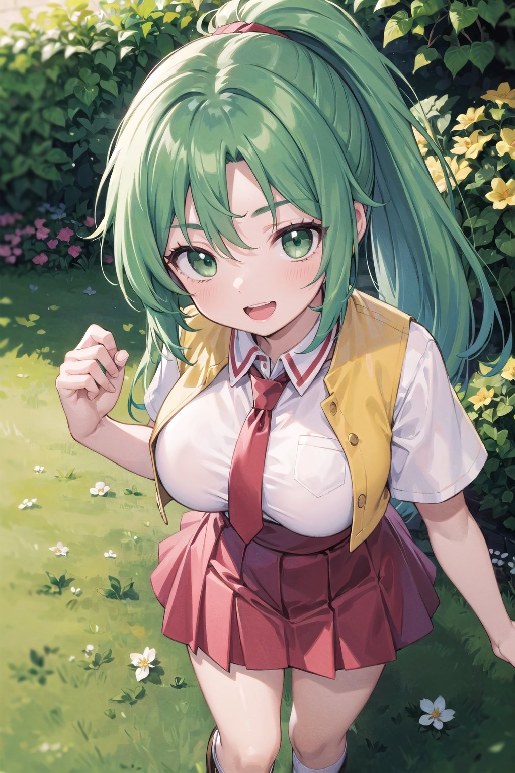 ((masterpiece)),(best quality),official art,extremely detailed CG,unity 8k wallpaper,ultra detailed,beautiful detailed eyes,extremely detailed face,1girl,looking at viewer,facing viewer,:d,sonozaki mion,long hair,green hair,high ponytail,parted bangs,green eyes,open mouth,yellow vest,cropped vest,open clothes,collared shirt,red necktie,white shirt,short sleeves,large breasts,tight,red skirt,long skirt,white socks,loafers,lora:Sonozaki Mion(hnnk),garden,,(from above:1.1)