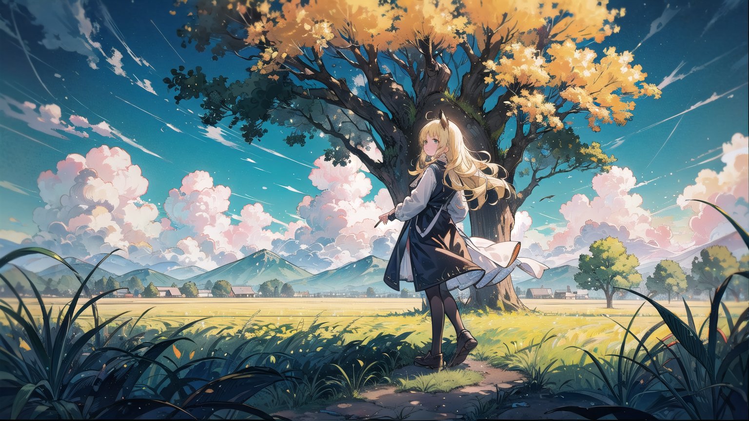  (1girl, solo), (white horse), blonde hair,long hair,wavy gair,cornfield, tree, distant storms, dark clouds, tornado,(mid shot, panorama,depth of field),full body,backlight