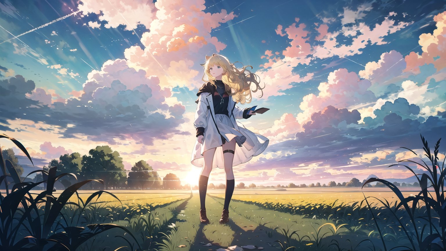  (1girl, solo), (white horse), blonde hair,long hair,wavy gair,cornfield, tree, distant storms, dark clouds, tornado,(mid shot, panorama,depth of field),full body,backlight