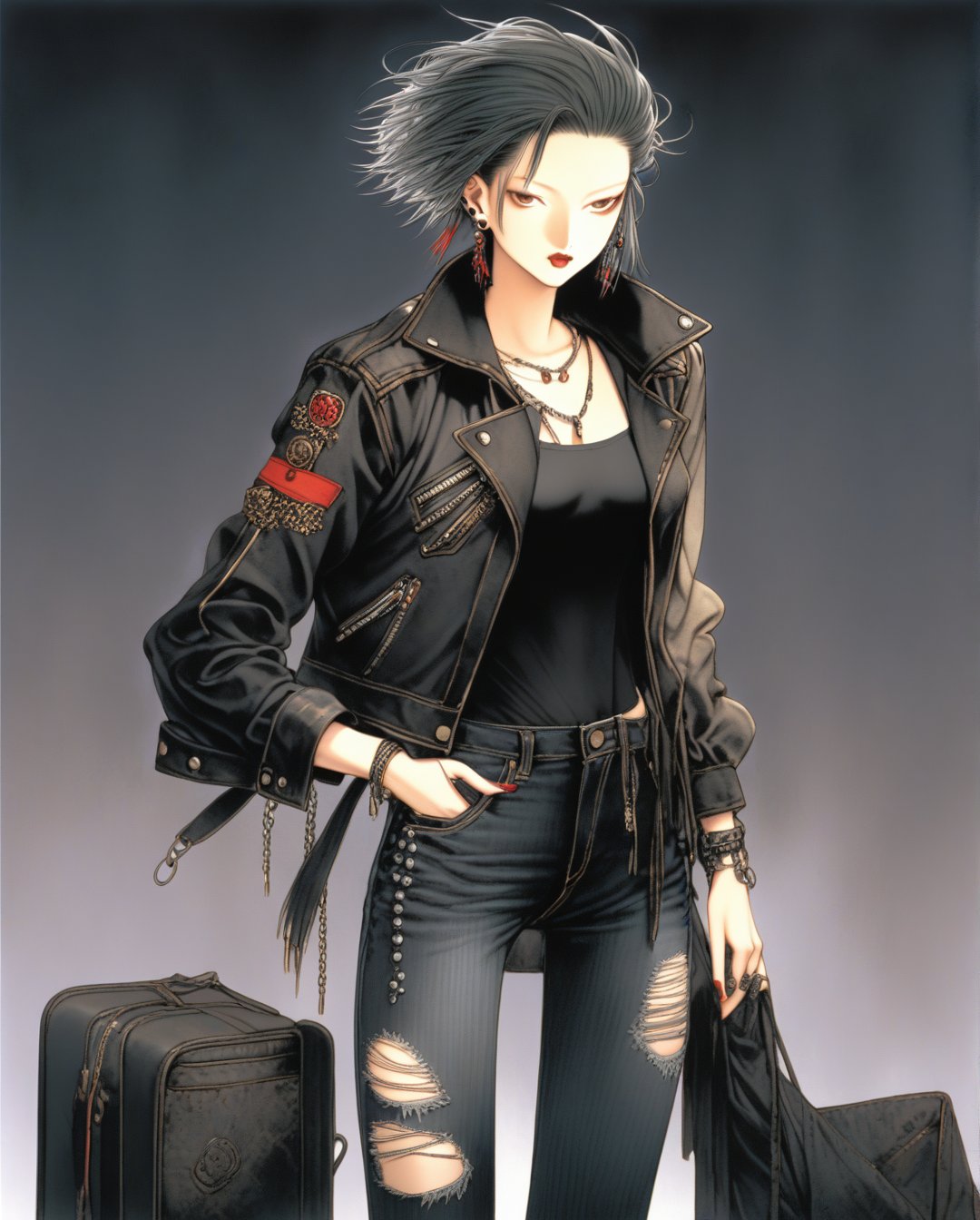 Art style by amano yoshitaka, Female with tan-colored skin, mid-length black hair with red tips, dressed in black ripped jeans with a black t-shirt and a black leather jacket with chrome studs', and black boots.