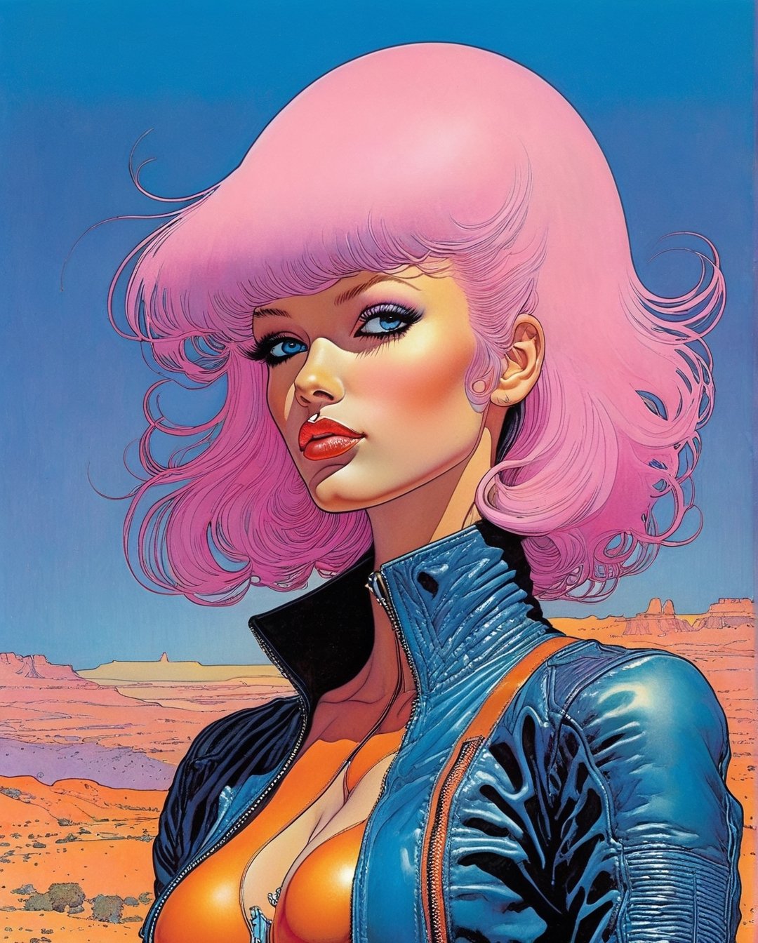 Moebius (Jean Giraud) Style - A picture by Jean Giraud Moebius, ((masterpiece)), ((best quality)), (masterpiece, highest quality), leather jackets、Wearing a leather jacket　cyberpunked、girl with　a smile、Pink hair、beautiful a girl、top-quality、​masterpiece、HD Images、huge tit、hyperdetailed face、blue eyess、Leather pants、a beauty girl. art style by Moebius