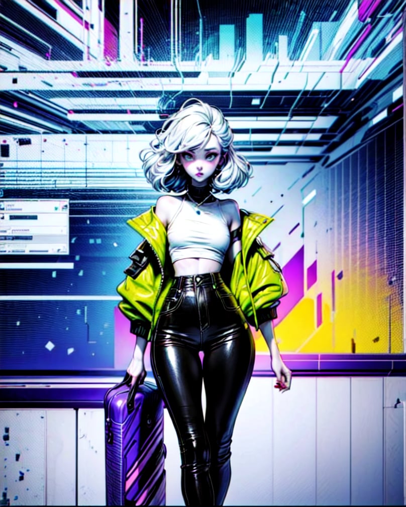 one Female Futuristic punk rocker, co-owner of Stellar Travelers named Luna, Pale skin color, Wild haircut, Jet black hair, Electric blue eyes, a Black leather jacket, and ripped black leather pants(masterpiece, top quality, best quality, official art, beautiful and aesthetic:1.2), (1girl:1.3), (glitch art:1.2), (bzillust), poping colors, (digital distortion), distortion effect:1.4, pixelated fragments, data corruption:1.2,colorful noise:1.4, visual chaos,contemporary aesthetics, sitting, latex skirt:1.2,anime, cowboy shot, (hands between thighs:1.2)