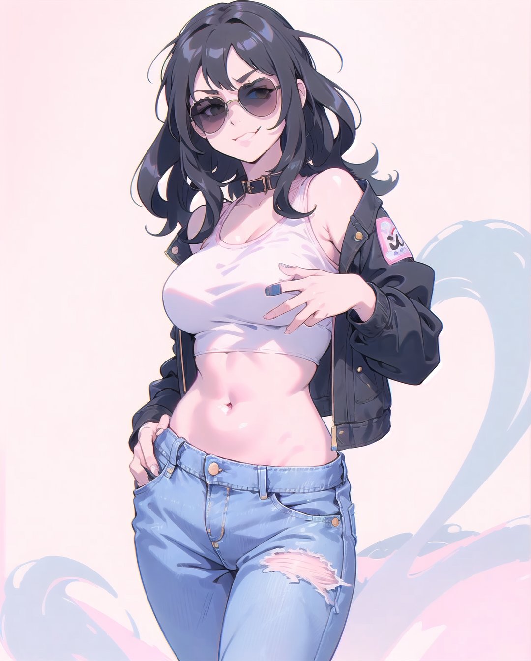 90s Denim Queen
A confident anime girl with long, flowing black hair, wearing a vintage oversized denim jacket over a crop top, paired with baggy jeans and chunky sneakers. She strikes a casual pose, one hand in her pocket and the other pushing her sunglasses down slightly, revealing her playful smirk. The background is a soft pastel pink.