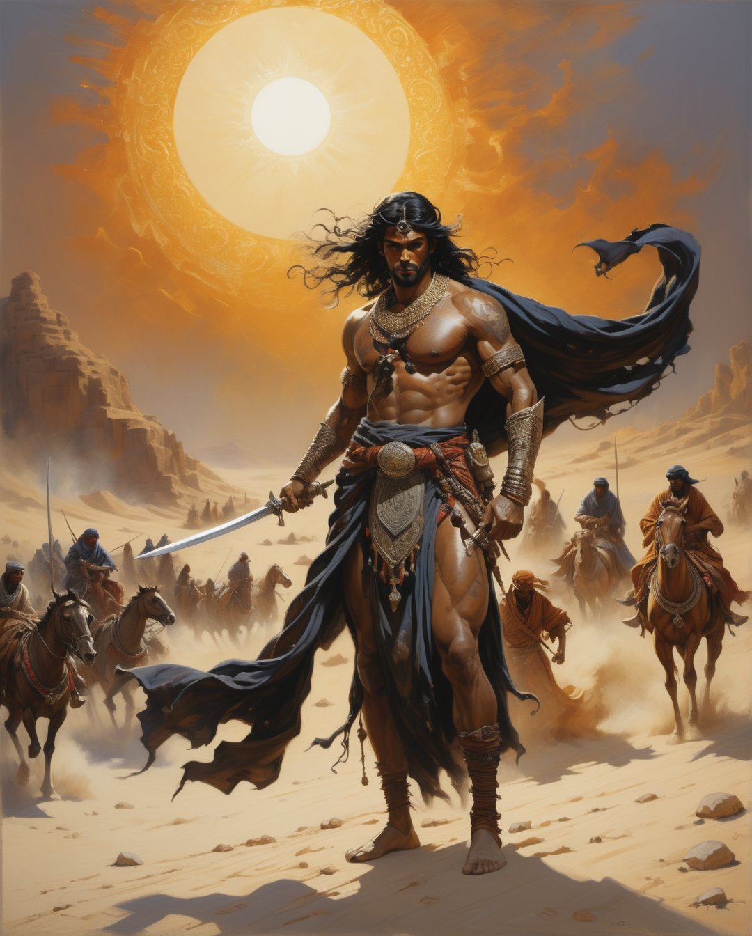 (masterpiece), best quality, extreme detailed, intricate, Masterpiece, best quality, hi res, 8k, hi res, 8k, award winning , (sharp focus, intricate, highly detailed)  , Orientalism dark fantasy Art. A majestic warrior draped in flowing robes, wielding a gleaming scimitar under a blazing Arabian sun. This captivating scene combines the fantasy elements of sword and sorcery with the rich cultural tapestry of Saudi Arabian Bedouin life. The intricate details in this painting by Frank Frazetta bring the character to life, with each fold of fabric and glint of metal meticulously rendered. The vibrant colors and dynamic composition make this image truly stand out as a masterpiece in the genre.
more detail XL