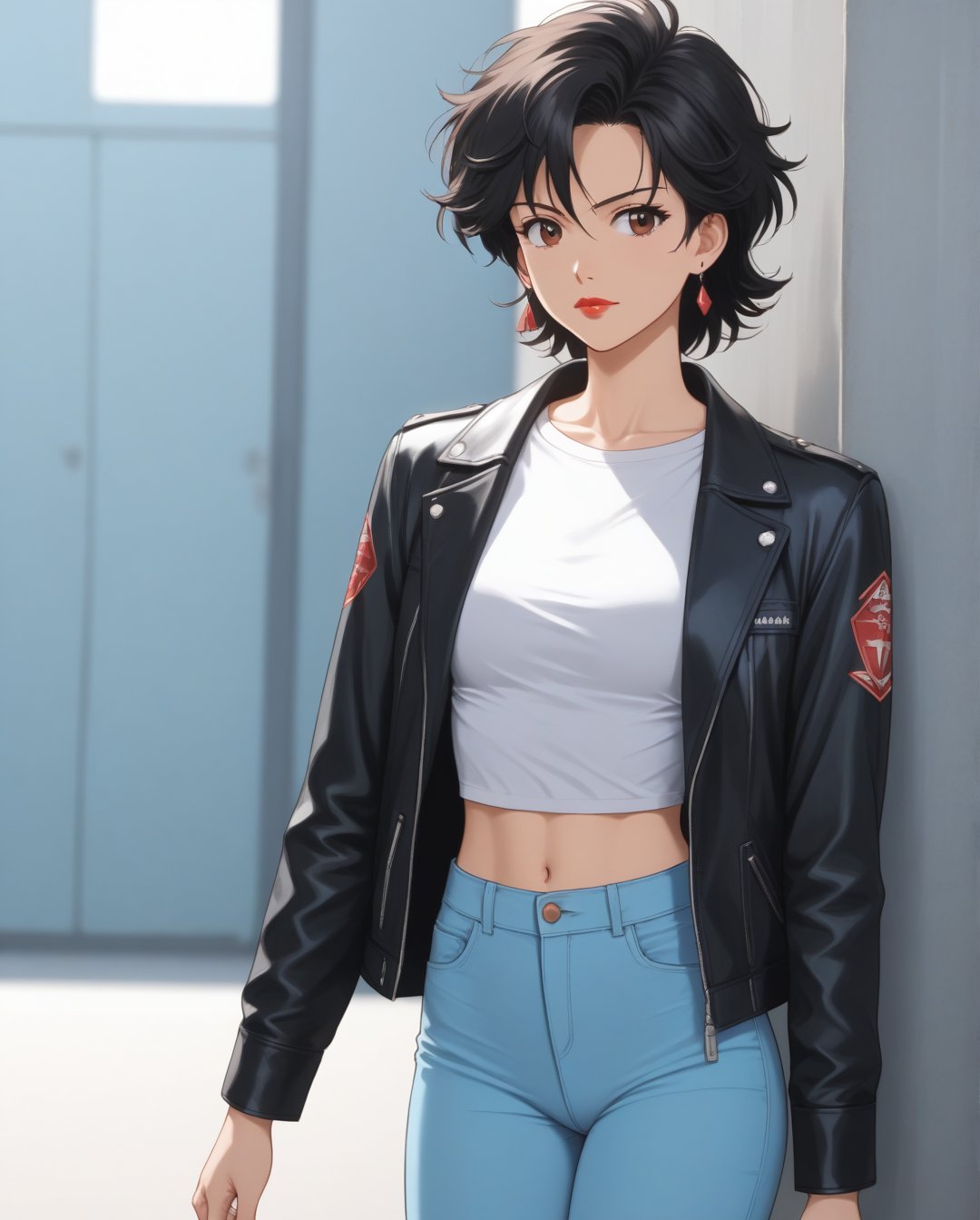 Art Style by Yoshiyuki Tomino, Flat-colored still of a photo of a a full-body, high-resolution anime style of a rebellious teenage female punk rocker with short curly black hair, thin face, intense red lips, leather jacket, and tight leather pants, inspired by the works of Yoshiaki Kawajiri, vibrant and edgy, with dramatic lighting and dynamic composition.,... anime girl from a 80s Anime portrayed by hajime sorayama, looking away from the viewer, solemn expression