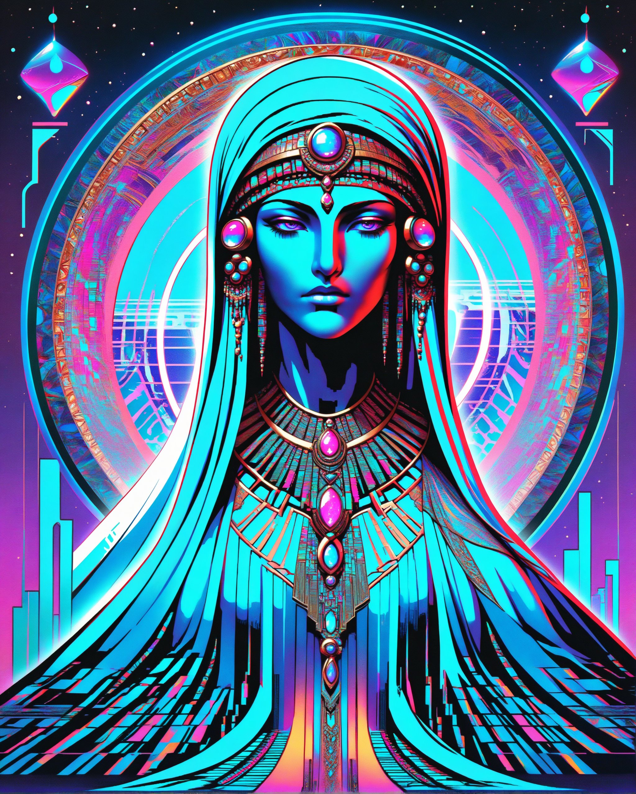 A cybernetically enhanced Arabian woman, her body adorned with intricate metallic implants that shimmer in the neon-lit cityscape. In a stunning digital painting, she is depicted with flowing robes and exotic jewelry, blending traditional Arab culture with futuristic technology. The image is incredibly detailed, capturing every gleaming circuit and sparkling gem with precision and artistry. The overall effect is mesmerizing, drawing viewers into a world where ancient elegance meets cutting-edge innovation.