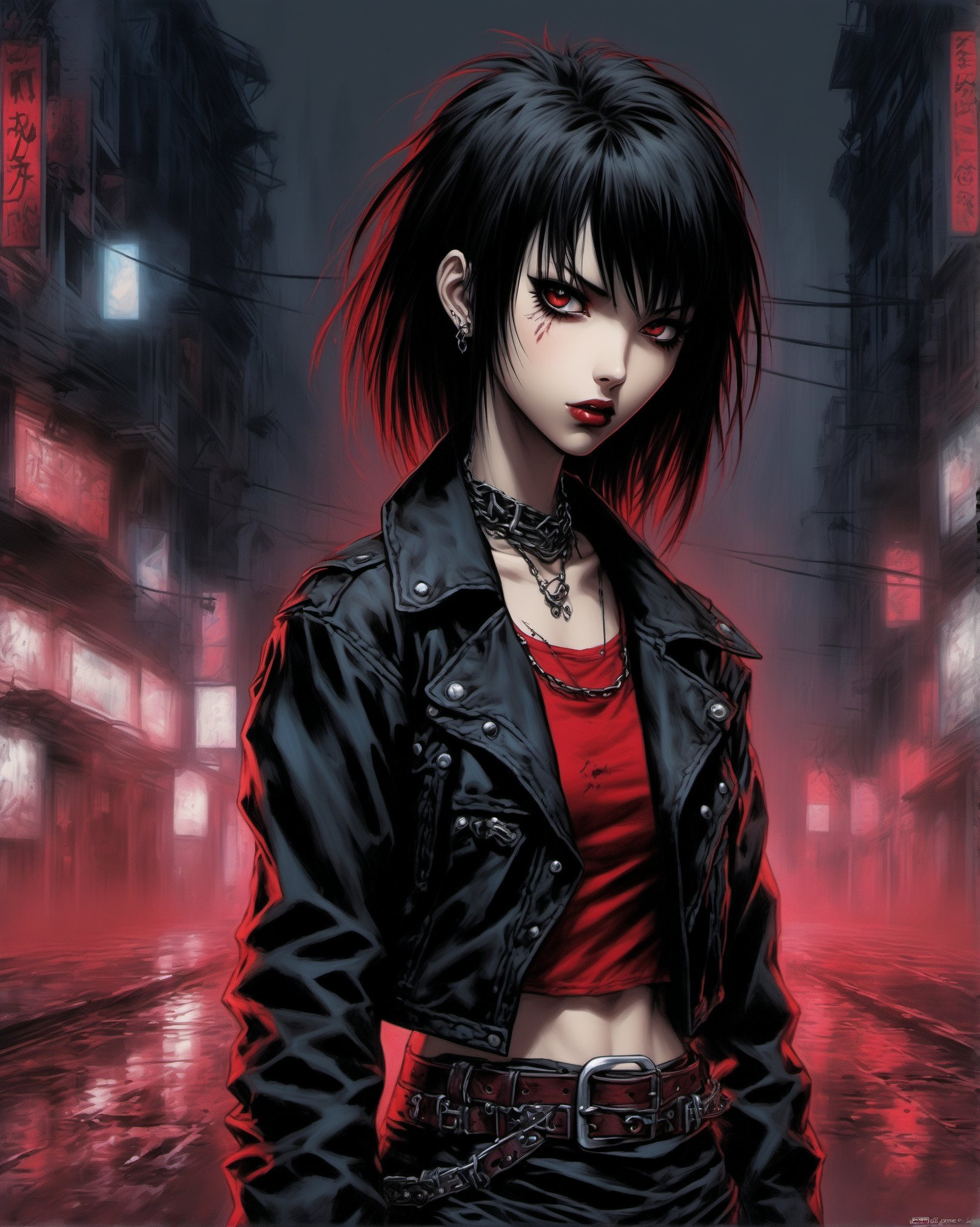 Redesigned Todd McFarlane style High resolution, full detailed, better image quality, Believe me a beautiful goth girl, who has black hair with Half-sided bangs painted dark red, with a short t-shirt, with a black and red plaid skirt, with black boots, with a punk style bracelet, and the punk style belt, full body, on a foggy night street, BREAK, Art style by Yoshiaki Kawajiri and Tsukasa Hojo and Toshihiro Kawamoto - -intricately detailed face - -80s and 90s anime still - -1980s retro anime - -1980s and 1990s anime retro nostalgia -highly detailed profile BREAK, ARISTYLE4, Soft Pastel -depth of field, Cinematic Angles, Dynamic angles, (((masterpiece))), perfect face, ((full body shot)),