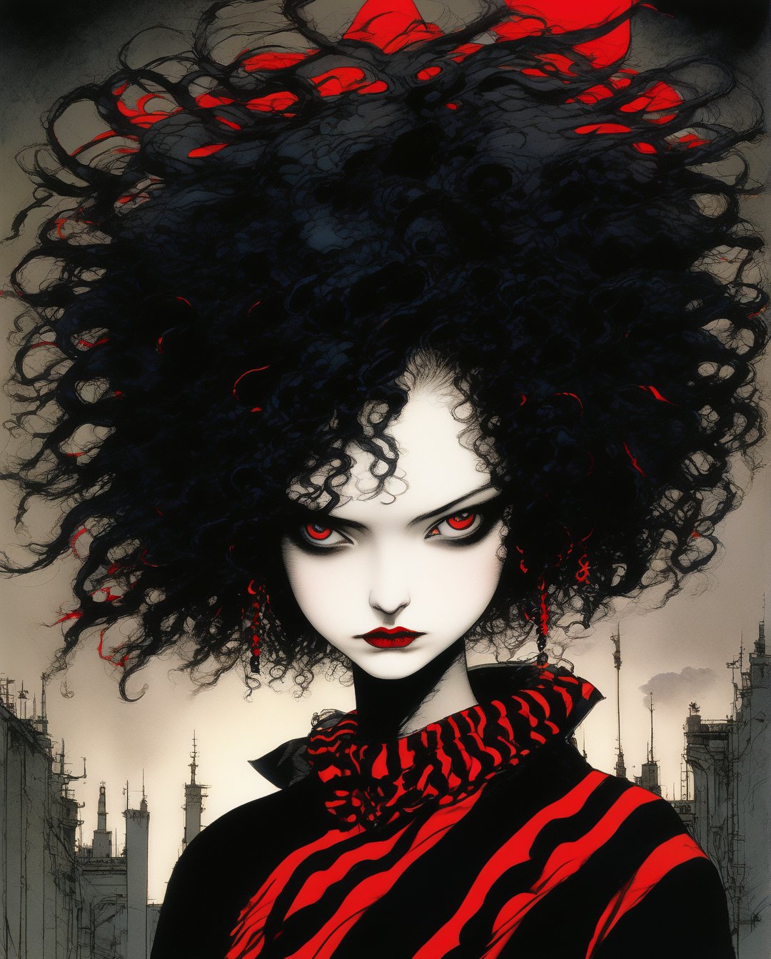 Art style by amano yoshitaka, a full-body, high-resolution anime style of a rebellious teenage female goth with short curly black hair, thin face, intense red lips, gothic fashion, inspired by the works of Yoshiaki Kawajiri, vibrant and edgy, with dramatic lighting and dynamic composition