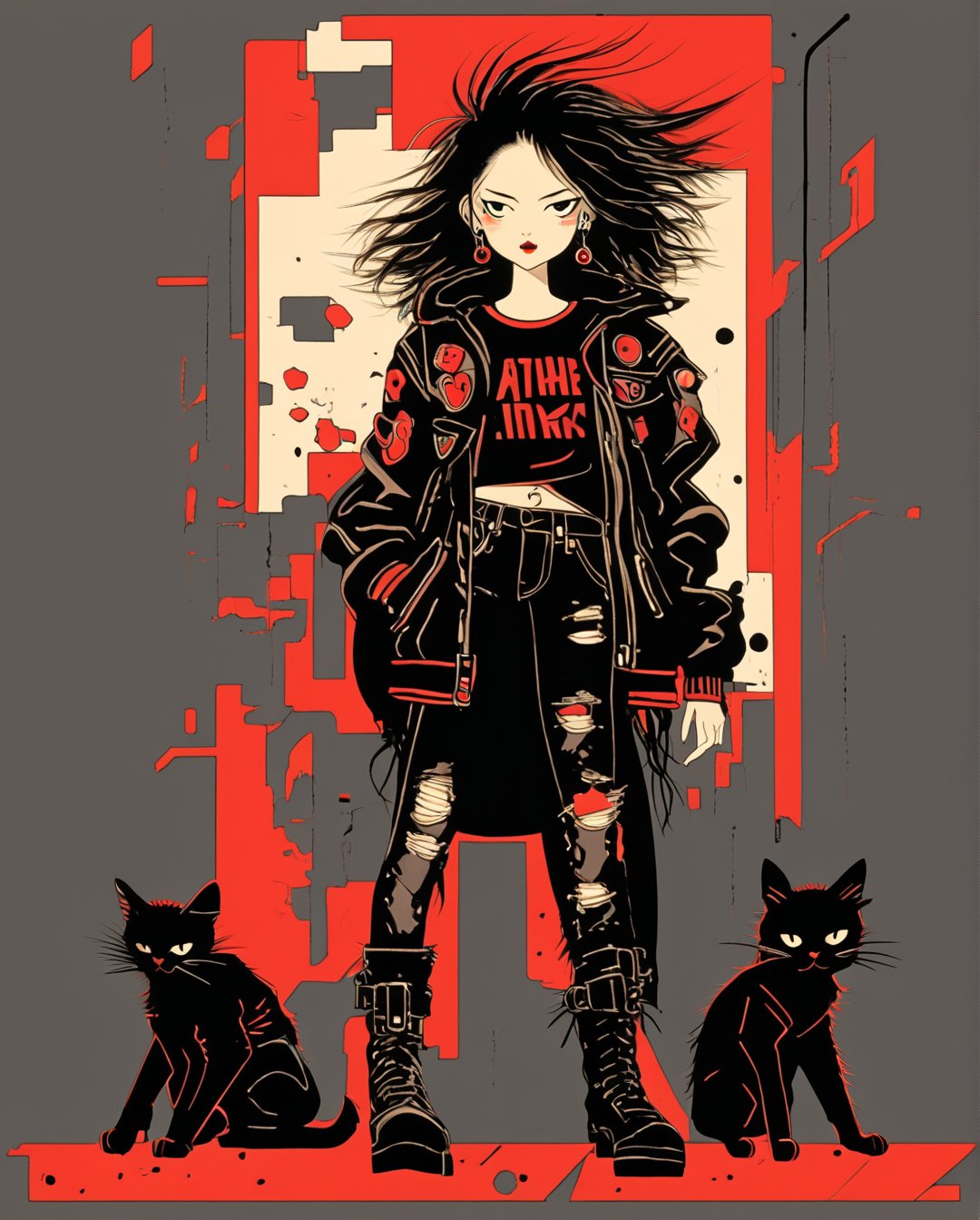 Art style by amano yoshitaka, Female with tan-colored skin, mid-length black hair with red tips, dressed in black ripped jeans with a black t-shirt and a black leather jacket with chrome studs', and black boots.,Anime,aw0k cat,anime,vector