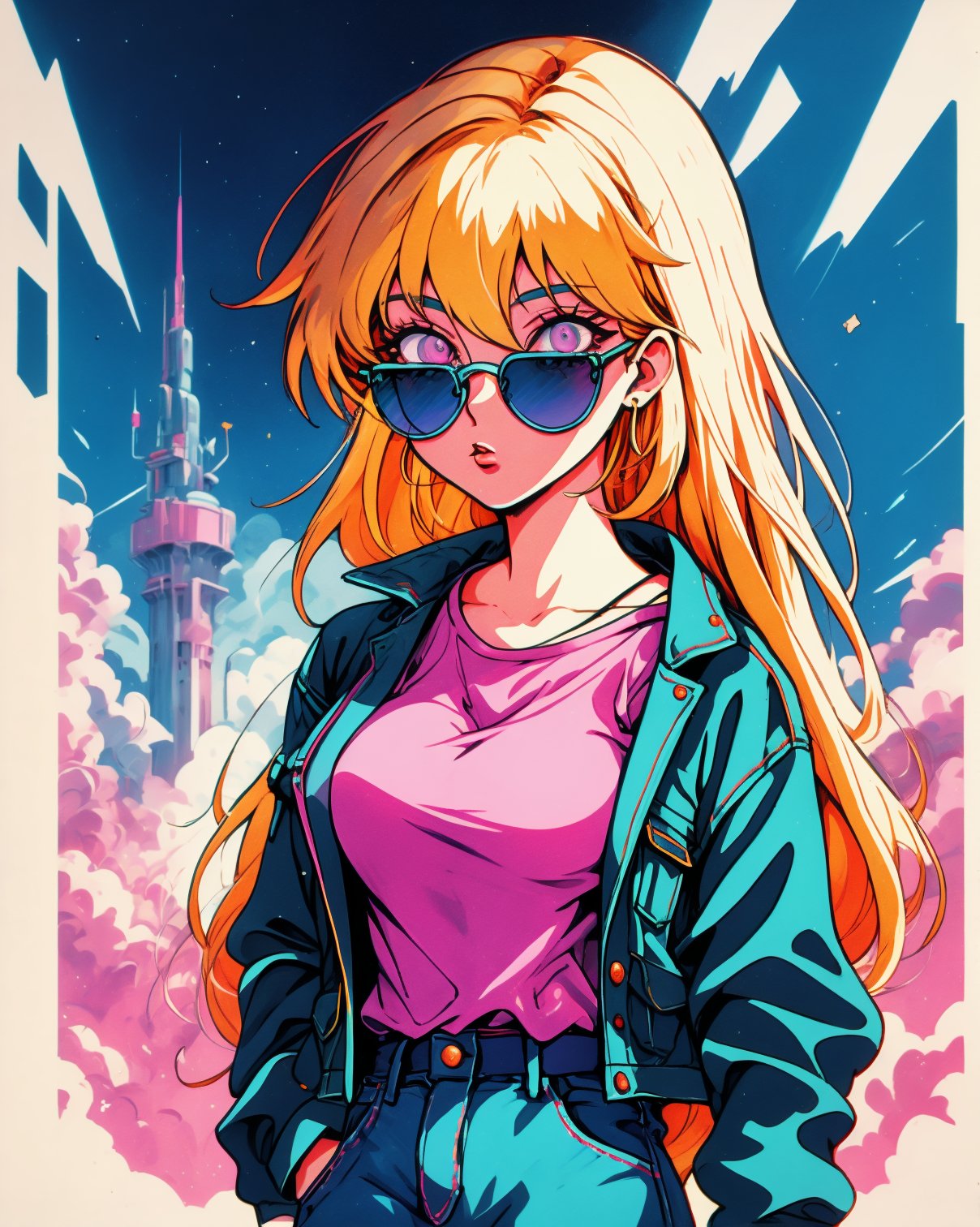 blond woman with pink sunglasses and a denim jacket1990s (style), 1980s (style), retro artstyle, a girl,, best quality, masterpiece.