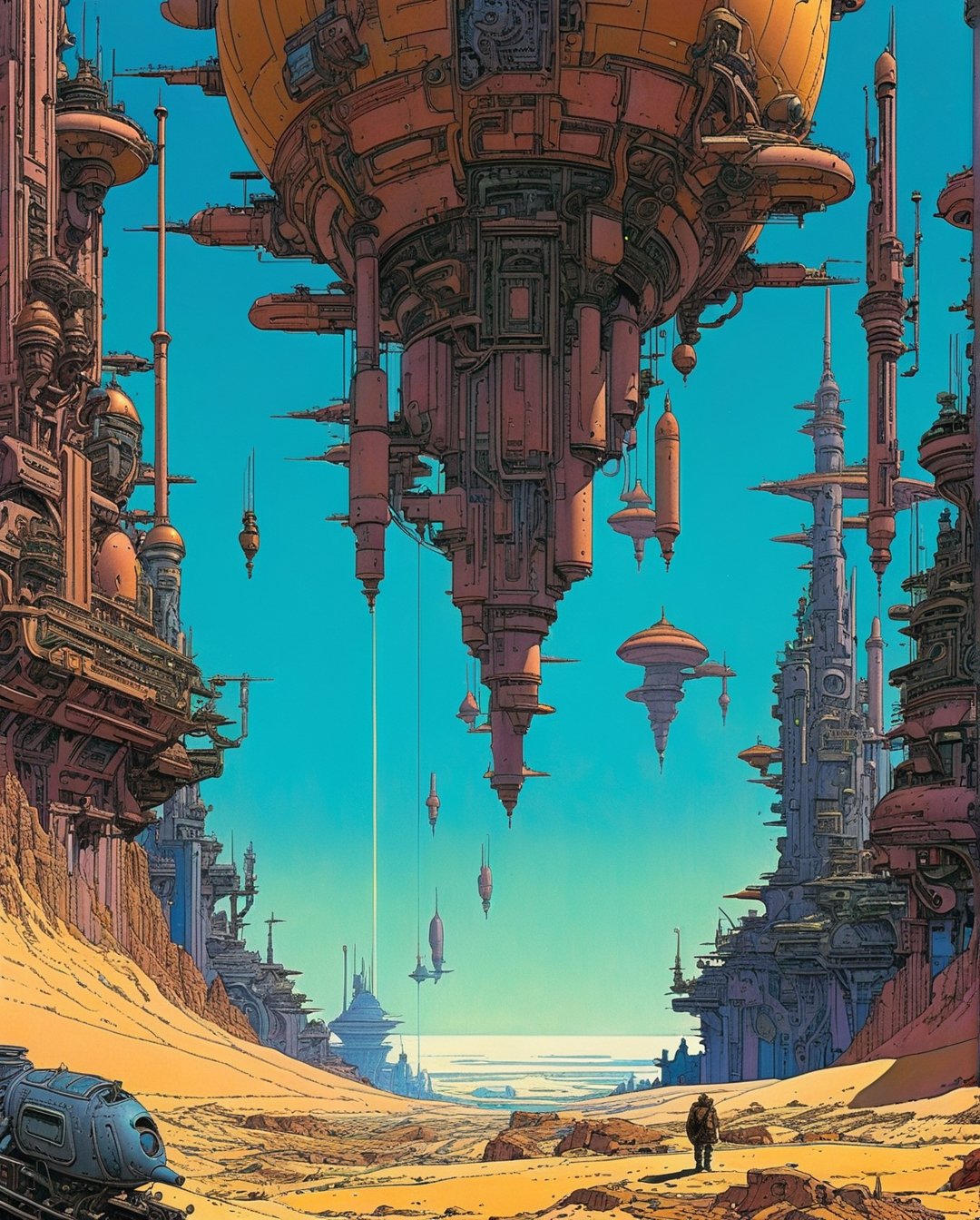 Moebius (Jean Giraud) Style - A picture by Jean Giraud Moebius, ((masterpiece)), ((best quality)), (masterpiece, highest quality), (masterpiece), Moebius (Jean Giraud) Style - A picture by Jean Giraud Moebius, ((masterpiece)), ((best quality)), (masterpiece, highest quality), (masterpiece), AIllustration of a steampunk explorer in a post apocalyptic setting, surrounded by machine parts, mechanical UI, and post apocalyptic landscapes, Surreal steampunk Art Style, Influenced by DeviantArt and Ghost in the Shell anime,Render art style by Moebius, crystal clear art style by Moebius