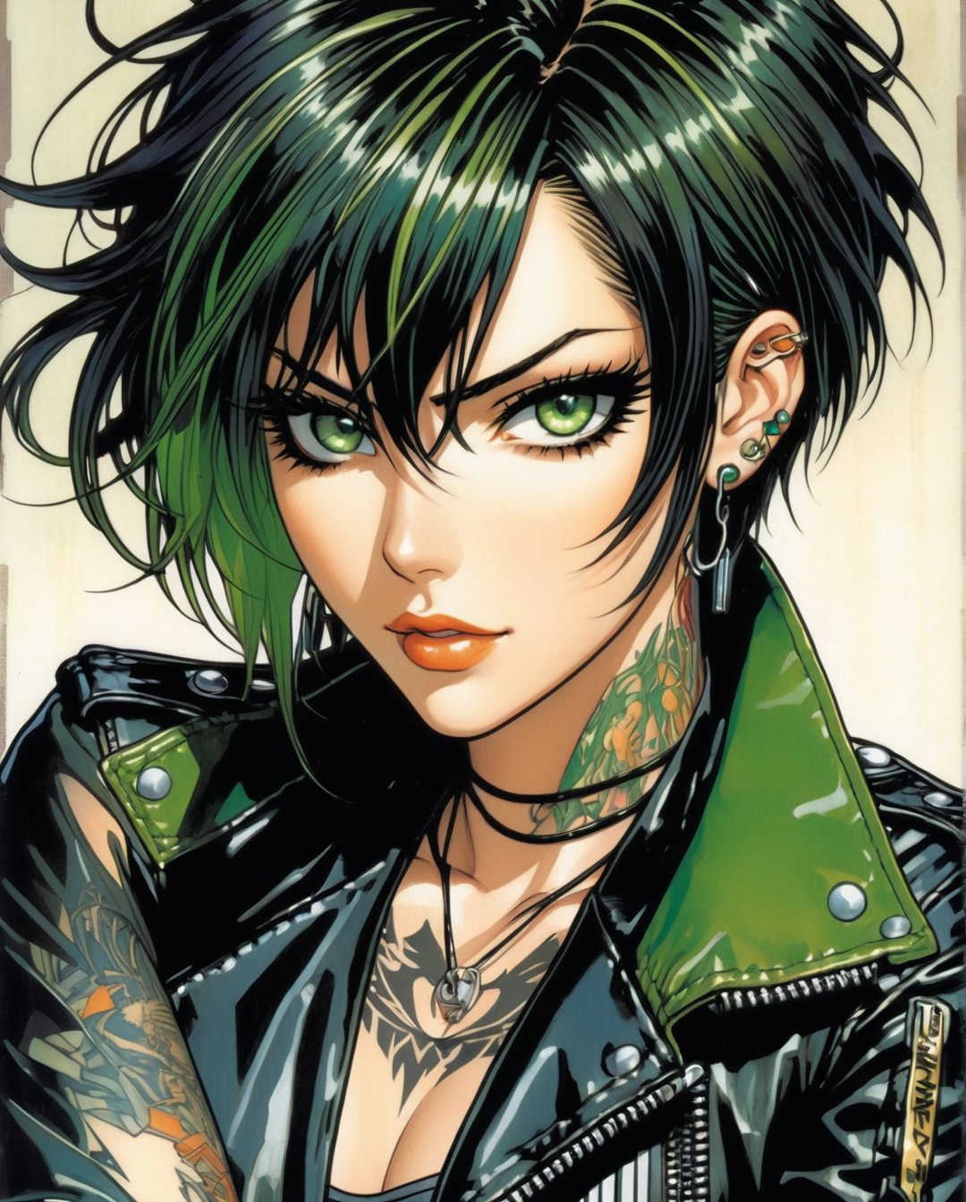 Anime art, one Female Tattoo artist named Eva, with pale skin color, Messy haircut, Jet black hair, Piercing green eyes, a Black leather jacket, and ripped black skinny jeans, art by Masamune Shirow, J.C. Leyendecker