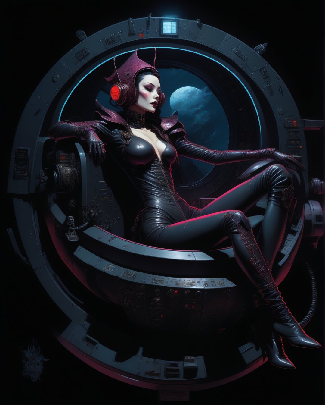 Art style by amano yoshitaka, ((mature)) gothic lying ((in a ruby goth cockpit)), (lying on a baroque pilot cockpit), ((gothic control panels everywhere)), (headgear), ((mature)), ruby cockpit, ((vampiric cockpit)), iridescent pilot bodysuit, lace accesories, ((serious tone)), elegant, futuristic, vampiric, full body view from above, action pose, (fisheye), [close up], dark place, dramatic lighting, intricate control panel details, steaming, 1990s (style), in the style of nicola samori, detailed 8k horror artwork,, Norman Rockwell style, Vibrant color scheme, Nanette Fluhr, Caricatural, Matte tones, don maitz, minimalist masterpiece, Digital art anime, Flat illustration, elegant lines and shading, dark pastels, color gradient,vaporwave style