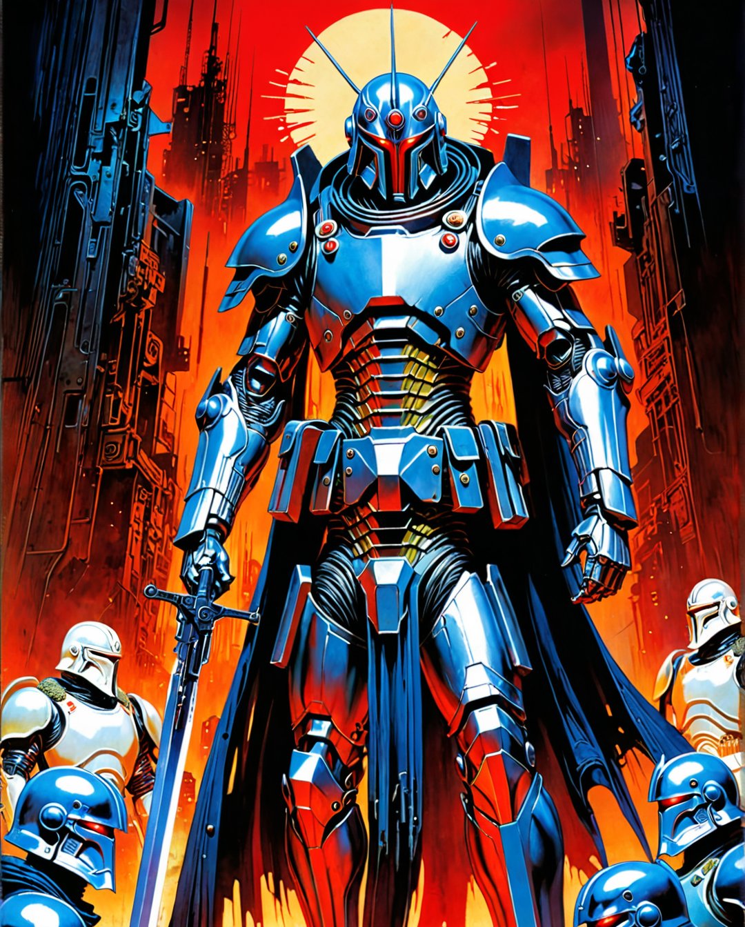 Art style by amano yoshitaka, In a dystopian cyberpunk future, a mesmerizing propaganda poster beckons viewers to enlist in the military. Combining the gritty art style of Frank Frazetta with the futuristic flair of Moebius, the image features a cybernetically enhanced soldier, clad in sleek, reflective armor and wielding cutting-edge weapons. The intricate detailing, vivid colors, and dynamic composition elevate this digital painting to a level of unparalleled artistry, capturing the essence of a war-torn, technologically advanced world with stunning precision., 1990s (style), in the style of nicola samori, detailed 8k horror artwork,
art by Tsutomu Nihei gerald-brom