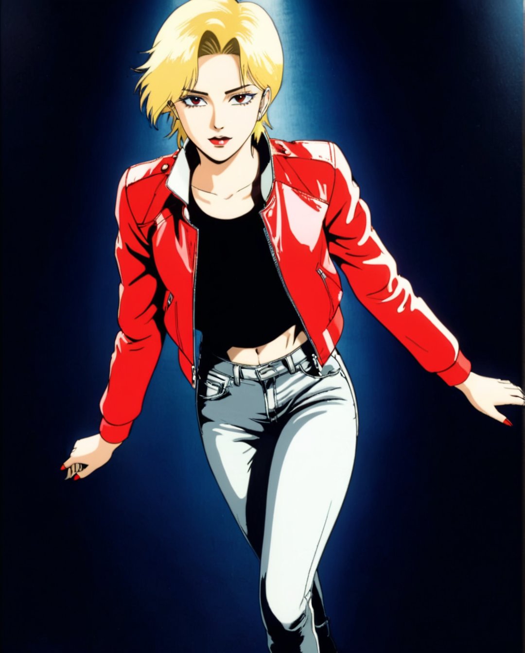 ((masterpiece)), ((best quality)), (masterpiece, highest quality), (masterpiece), Flat-colored still of (((masterpiece))), (((highest quality))), ((Very detailed)), masutepiece, Best Quality,  a girl with dark olive skin and short dark blonde hair was dressed in a red leather jacket, black jeans, and a black t-shirt., depth of field, art style by Yoshiaki Kawajiri
