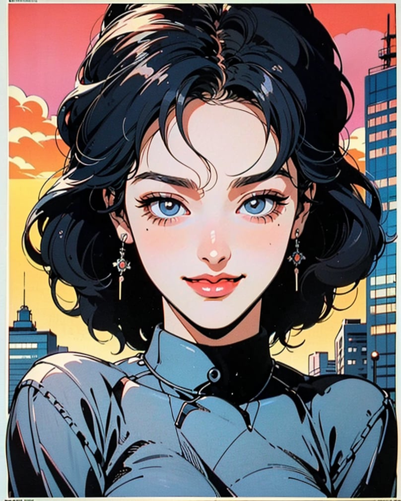 (80's, retro, city pop poster:1.5), (album cover), (masterpiece, best quality), (anime, illustration), 
best photo pose, dynamic angle, cowboy shot,
girl, solo, smile, perfect detail eyes, delicate face, blue eyes,
high fashion, 