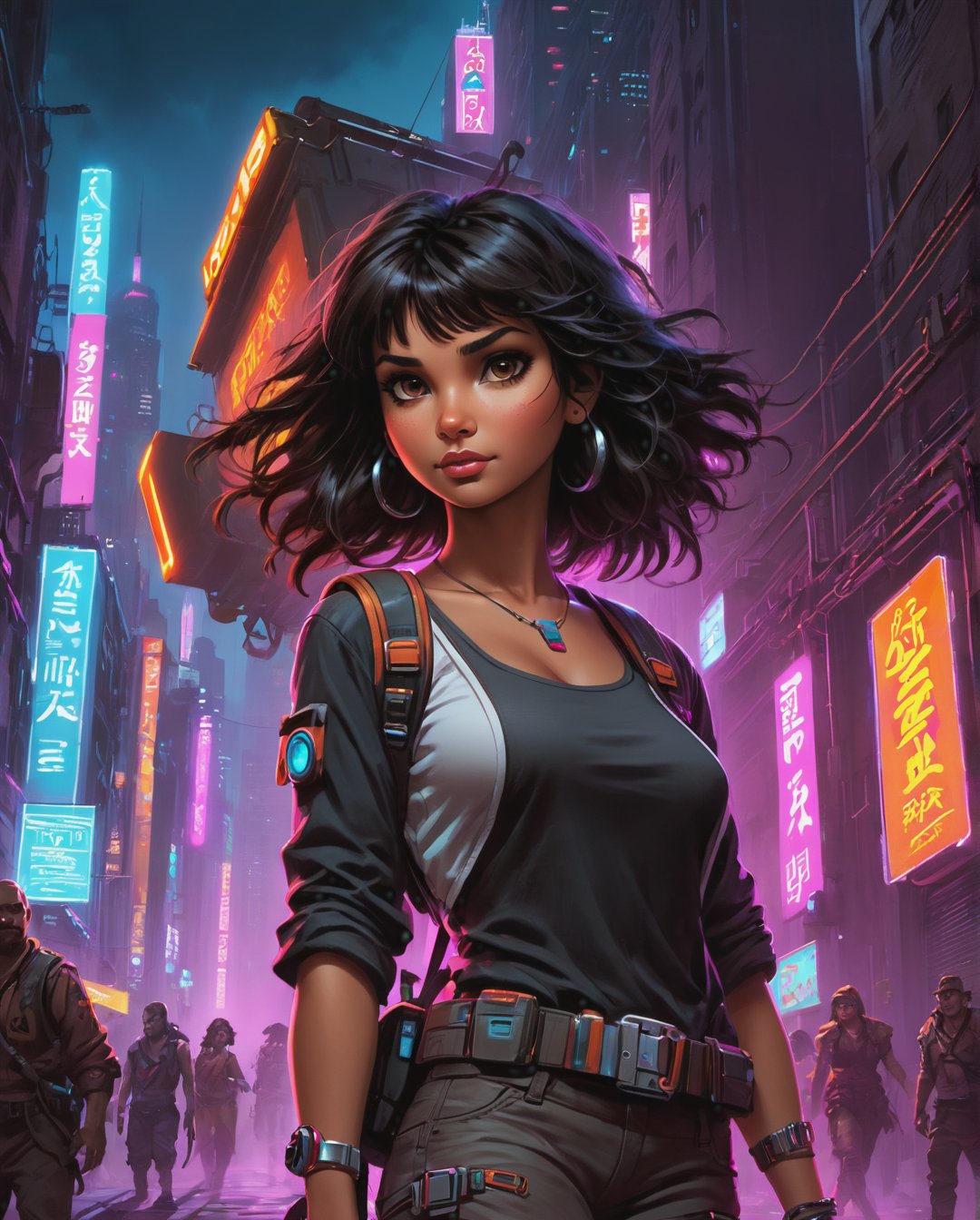 In a gritty cyberpunk metropolis, Dora the Explorer morphs into a stunning digital painting, bathed in neon hues and high-contrast lighting. Her portrait, akin to Henriette Kaarina Amelia von Buttlar's realistic artwork, exudes fashion sense and tenacity. Framed by towering skyscrapers and holographic advertisements, Dora's striking visage dominates the composition, her eyes gleaming like LED lights in a darkened alleyway. Amidst this dystopian landscape, her pose screams defiance, as if ready to conquer the virtual realm with nothing but a backpack full of digital gadgets.,.., in the style of Frank Frazetta, Arthur Rackham, Dean Cornwell, pulp, volumetric lighting, dramatic lighting, pulp sci-fi, black, smoke, belt, backpack, warm colors