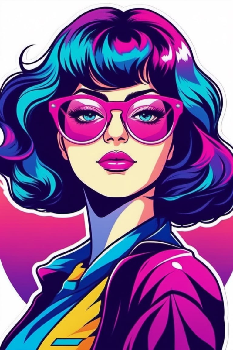 synthwave woman with glasses, vector logo sticker, masterwork, manga pulp style, flat shading, solid background color, t-shirt design