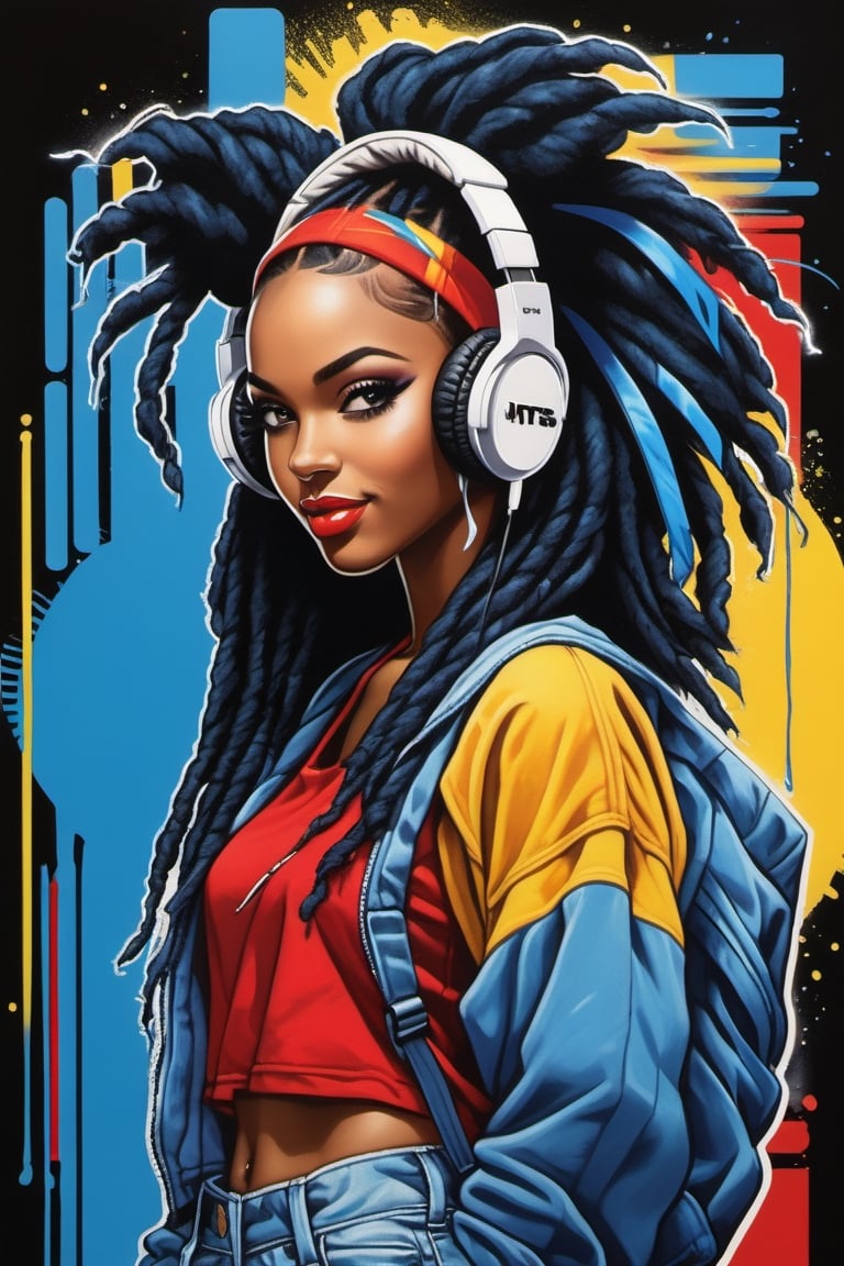 (masterpiece, top quality, super detail, high resolution, best illustration), a black girl graffiti artist, DJ, Music, Black and blue hair dreads, music urban, snapback hat, vigilante, vibrant fan art, backpack, hip-hop, tank top, headphones on ear, spray paint cans accessories, music, sexy, tight clothing smiling, fit, hot, sweaty, blue piercing,  (red, yellow, blue clothing) ( Masterpiece) ( Best Quality),1980s (style),801TTS