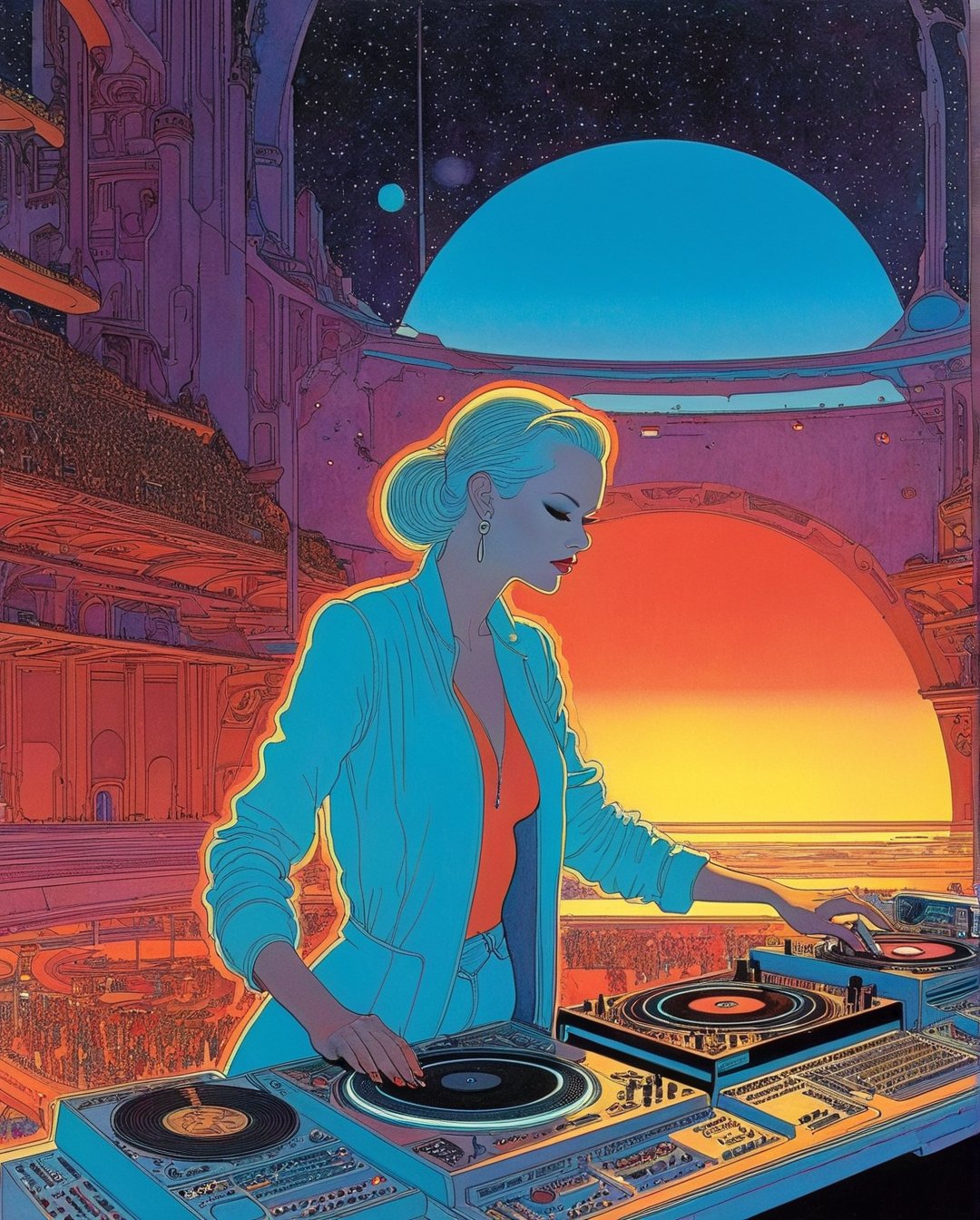 Moebius (Jean Giraud) Style - A picture by Jean Giraud Moebius, ((masterpiece)), ((best quality)), (masterpiece, highest quality), Create a female DJ working behind her console in a club, club background, l. art style by Moebius