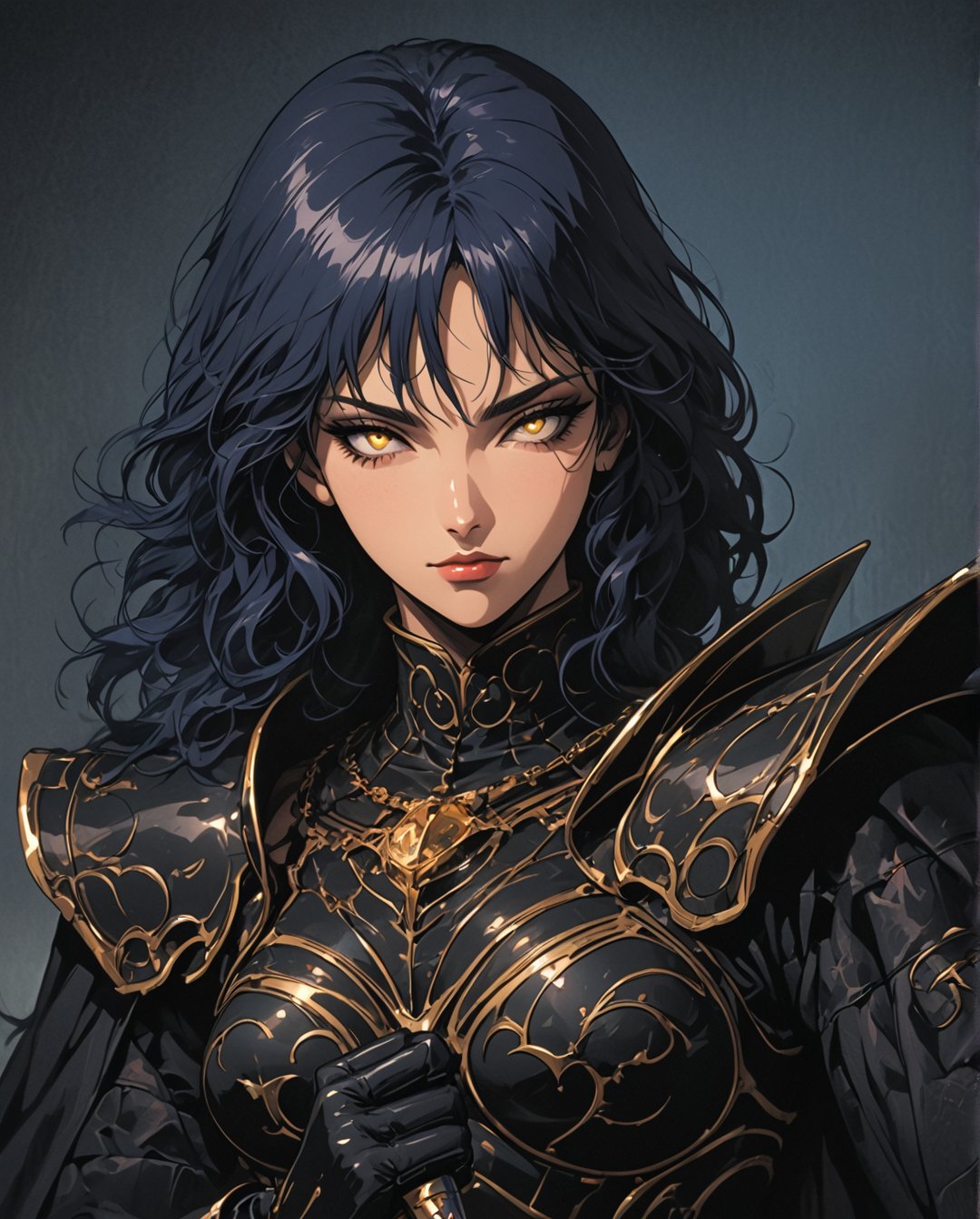 UPSCALED, far view shot, full character portrait, full character shot, watching to the camera, mature woman, wide hips, very tall, medium breast,muscular, skin colour white, black armored gloves, Chonky black armor chest plate, black armor boots, golden necklace, black sword, sword in hand,spending time outside of a dark castle, perfect digital art, glowing shadows, gloomy, ultra detailed photo, full detailed photo, depth of field, ultra focus, ultra sharped, ultra detailed, ultra detailed background, whole head, Perfect anatomy, yellow eyes, glowing eyes, sharp eyes, narrowed eyes, dark blue hair, wavy hair, nice hair, single braid. eyeliner and makeup, beautiful face, nice hands. 4HDK, isometrics details, octane render, high definition, approaching perfection, pure form, golden ratio, intricate details, stunning, iridescent and luminescent textures, breathtaking beauty, pure perfection, divine presence, unforgettable, impressive, 80's , retro, art style by Nobuteru Yuki