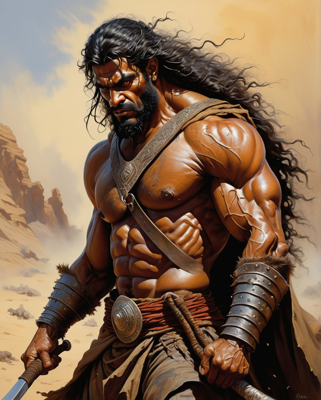 A fiercely raging Saudi Arabian Bedouin berserker, his battle axe gleaming with menace, depicted in the iconic art style reminiscent of Frank Frazetta and Moebius. This powerful warrior is portrayed in a digital painting, showcasing intricate details of his weathered leather armor, dark, untamed hair, and eyes ablaze with determination. The striking composition and vivid colors elevate the image to a mesmerizing work of art, capturing the essence of savage warfare with astounding realism and intensity.