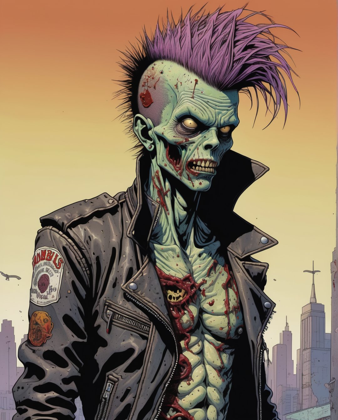 A punk rock zombie, complete with spiked hair, torn fishnet stockings, and a leather jacket covered in band patches. This striking image is a poster design done in the art style of Moebius, known for his intricate and surreal creations. The vivid colors pop off the page, the attention to detail is impeccable, and the composition is dynamic. This exceptional artwork seamlessly blends the grittiness of punk with the supernatural allure of a zombie, creating a visually stunning and captivating piece.