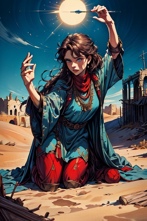 A stunningly lifelike painting of a female desert warrior, her every feature captured in exquisite detail. Her brown skin glows with health, accentuated by her very short black fuzzy hair that frames her beautiful face. Her clear blue eyes, a contrast to the surrounding desert hues, seem to hold an unspoken wisdom and strength. She wears nomadic fashion typical of the apocalyptic desert town, consisting of flowing robes that billow gently in the wind, revealing hints of a lean, muscular physique beneath. The background depicts an apocalyptic desert town, with crumbling adobe buildings and sand dunes stretching as far as the eye can see, accentuating the harsh yet beautiful landscape she calls home. The sun hangs high in the clear blue sky, casting long shadows across the terrain, while a sense of movement and energy emanates from the warrior, as if she could leap from the canvas at any moment. This masterpiece is a testament to the artist's skill and ability to capture the essence of a powerful desert nomad in her natural habitat.,nodf_lora