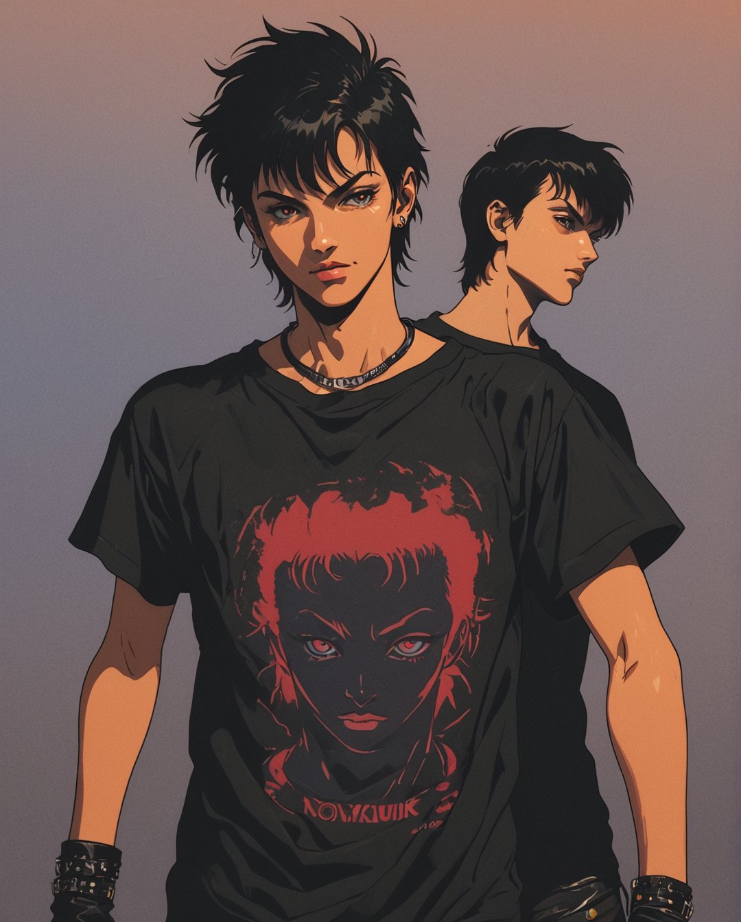 T-shirt art, 2D,  vector, vivid colors, guitar punk, punk style, dystopian stage, masterpiece, best quality, intricate details, perfect symmetrical face, rim light, moonlight , cinematic shading, Greg Rutkowisk, 80's , retro, art style by Nobuteru Yuki