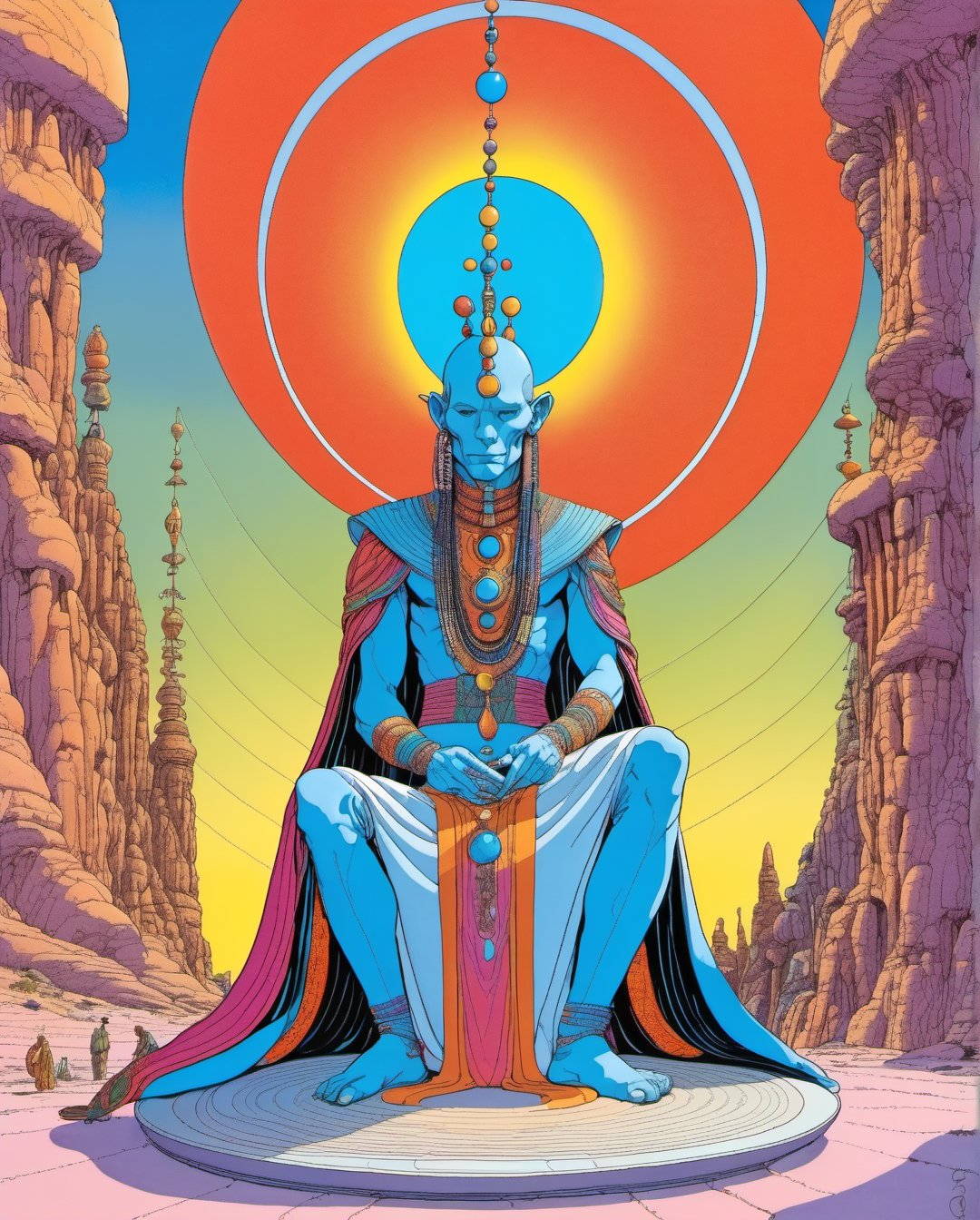 Moebius (Jean Giraud) Style - A spectacular composition by Jean Giraud Moebius, ((masterpiece)), ((best quality)), (highest quality masterpiece), (masterpiece), (masterpiece, best quality), in a futuristic theme. An awe-inspiring illustration of an alien shaman performing a ritual, digital art, featuring rainbow colors, detailed ceremonial attire, and a mystical forest in the background. Sleek, modern, ultramodern, high-tech elements with glowing tattoos. PsyAI, Psychedelic, Visionary art, DMT, and LSD style by Moebius.