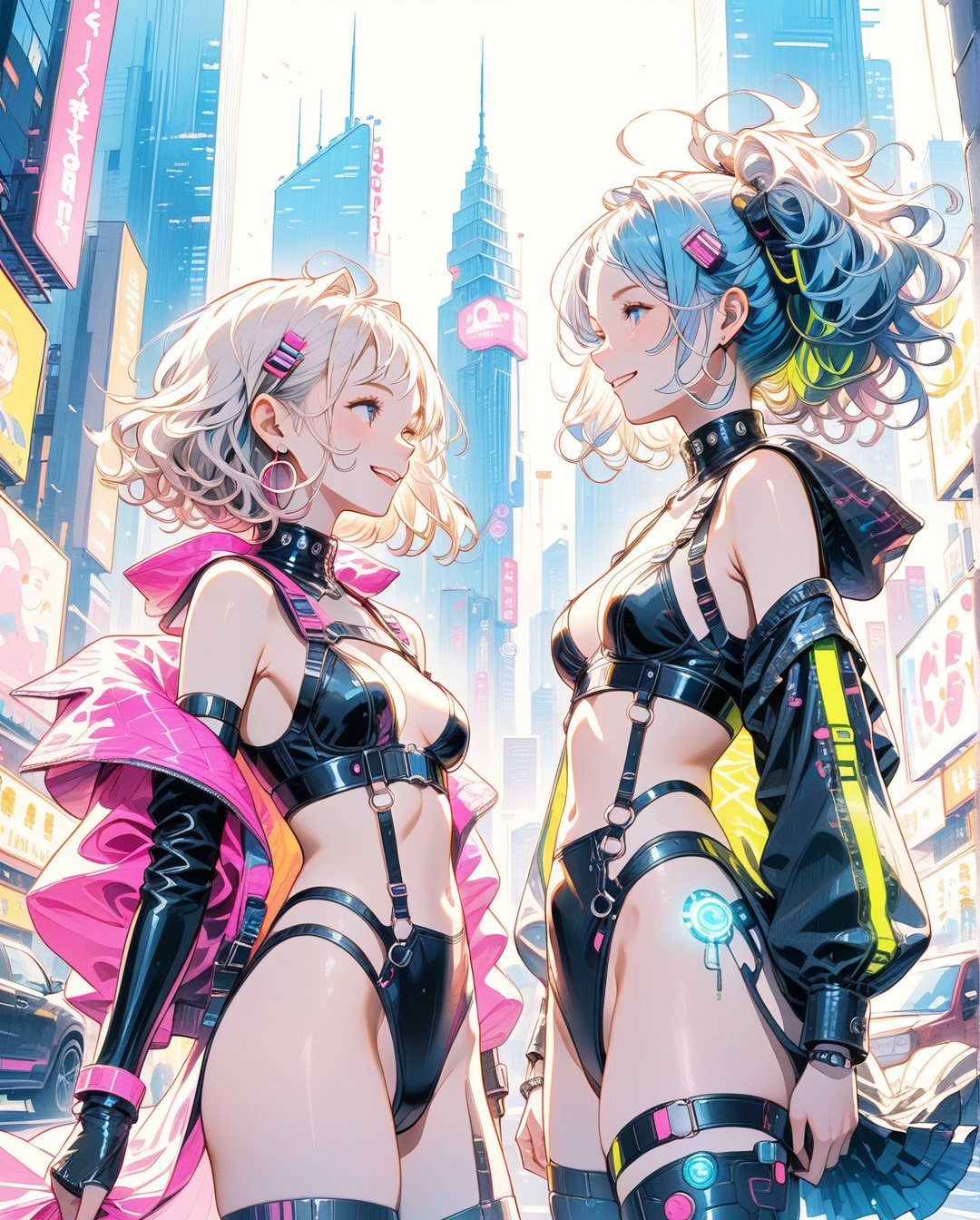 masterpiece, best quality, 2 ((smiling)) cyberpunk girls standing together, Harajuku-inspired cyberpunk body harness, bold colors and patterns, eye-catching accessories, trendy and innovative hairstyle, dazzling Cyberpunk cityscape, skyscrapers, glowing neon signs, LED lights, anime illustration, detailed skin texture, detailed cloth texture, beautiful detailed face, intricate details, ultra detailed, cinematic lighting, strong contrast.