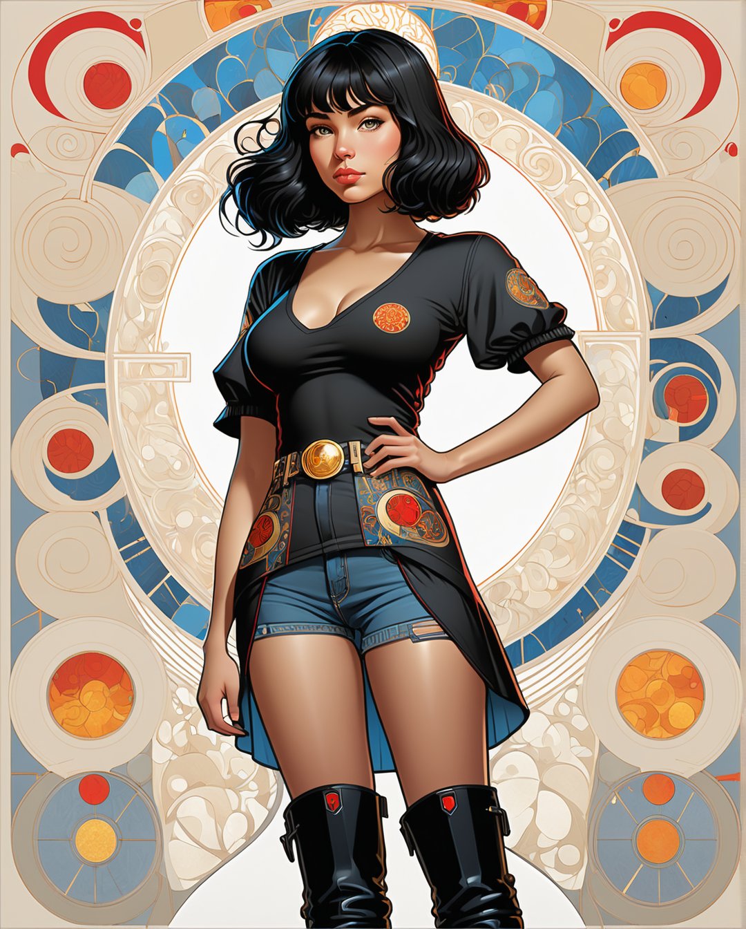 Mona is a slender female college student with tan skin, a shaggy haircut, black hair with red tips, blue eyes, large breasts, and plump red lips. She wears black boots, black bell bottom jeans, and a black t-shirt., alluring, world character design, detailed, iconic, minimalistic, concept art, intricate detail, aesthetic portrait, more detail XL, Create unusual shapes in the style of Gustav Klimt and Alphonse Mucha, leonardo, organ,Young beauty spirit, hyper-realistic, intricate detail, ani_booster,aesthetic portrait,line art,Leonardo Style