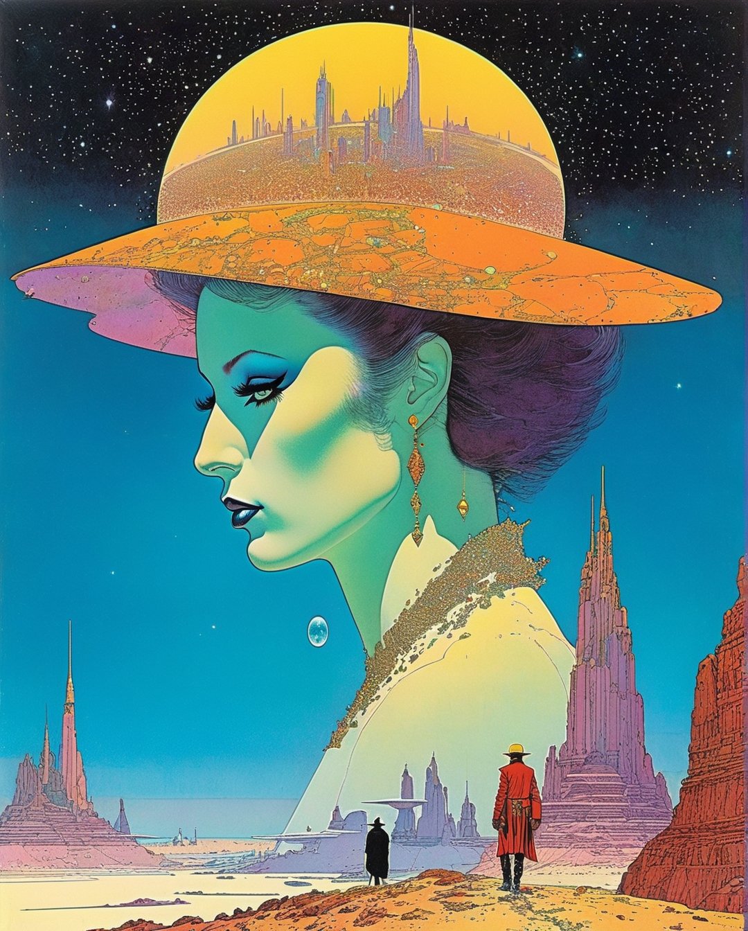 Moebius (Jean Giraud) Style - A picture by Jean Giraud Moebius, ((masterpiece)), ((best quality)), (masterpiece, highest quality), (masterpiece), Punk Collage - a montage of iconography representing late 1970s punk rock, crystal clear art style by Moebius