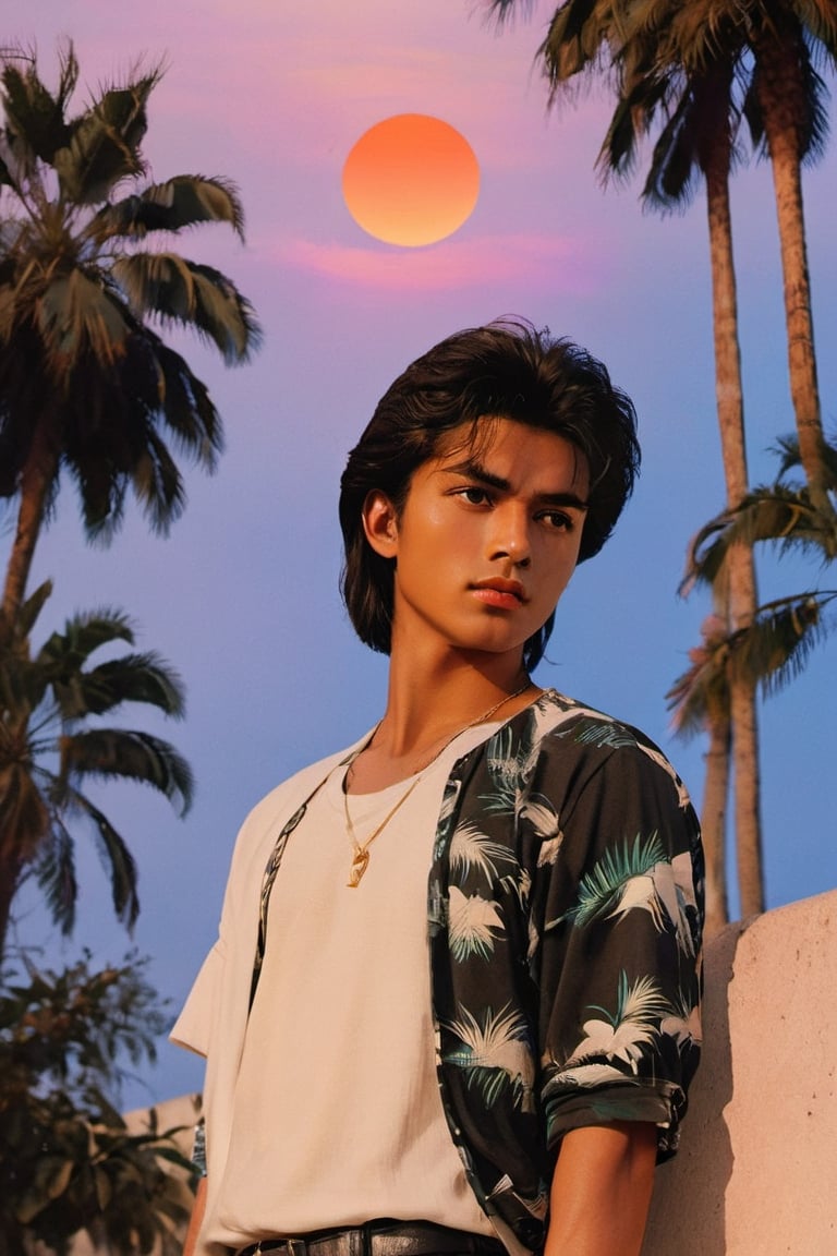 (Masterpiece, best quality), 1boy (Extreamly handsome, dark tan skin, 1980s fahion and style), Sunset behind him, palm trees, looking at viewer, contrast, 1980's aesthetic, ultra high texture, high quality, Puffy black hair, photorealistic, hyperdetailed, sharp focus, HDL, 64 megapixels, 8K resolution concept art, smooth, sharp focus, illustration, rich deep colors.,hongkong 80s,xxmixgirl,more detail XL,aw0k euphoric style